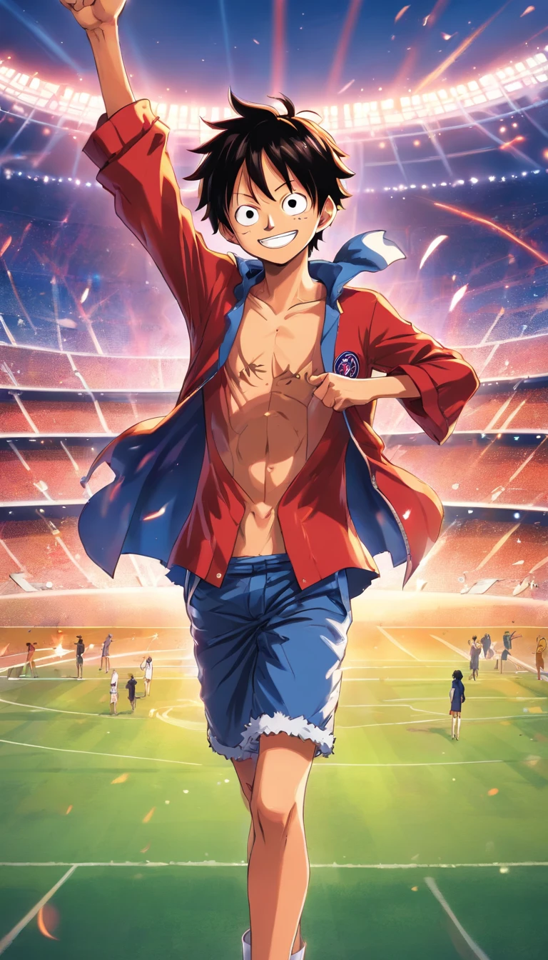 "《One Piece》Luffy wears a Paris Saint-Germain 9dek outfit, Stand in the stadium, facing camera, hand up，Smiles."