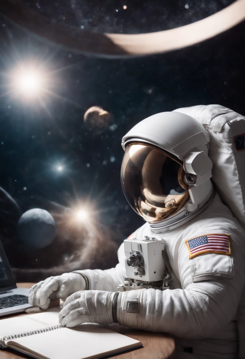 an astronaut using a notebook in space