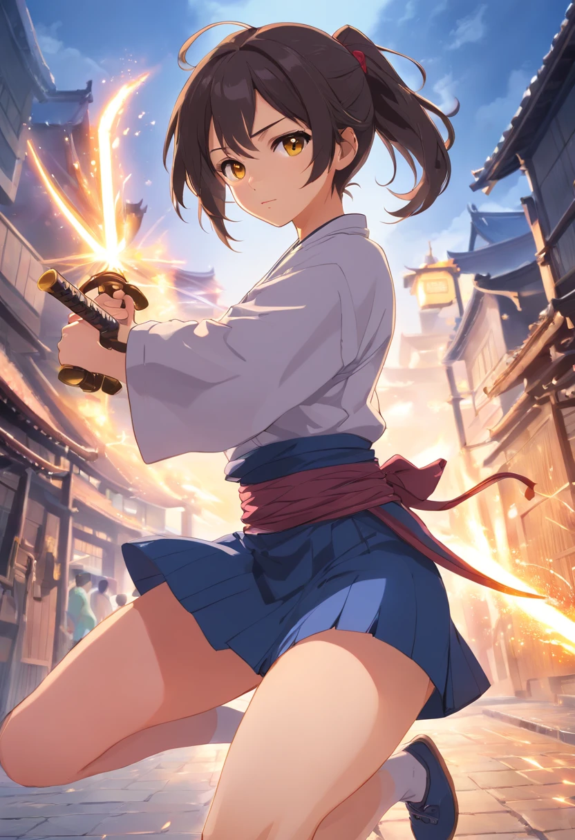 (masterpiece, best quality),
battōjutsuswing, (holding weapen:1.3),fighting stance,
1girl, battoujutsu stance, spread legs, samurai, iaidou, cowboy shot, looking at viewer,
break girl, japanese clothes, black hakama, black hair, high ponytail, long hair, yellow eyes, medium breasts, chest sarashi,
break background, edo , castle