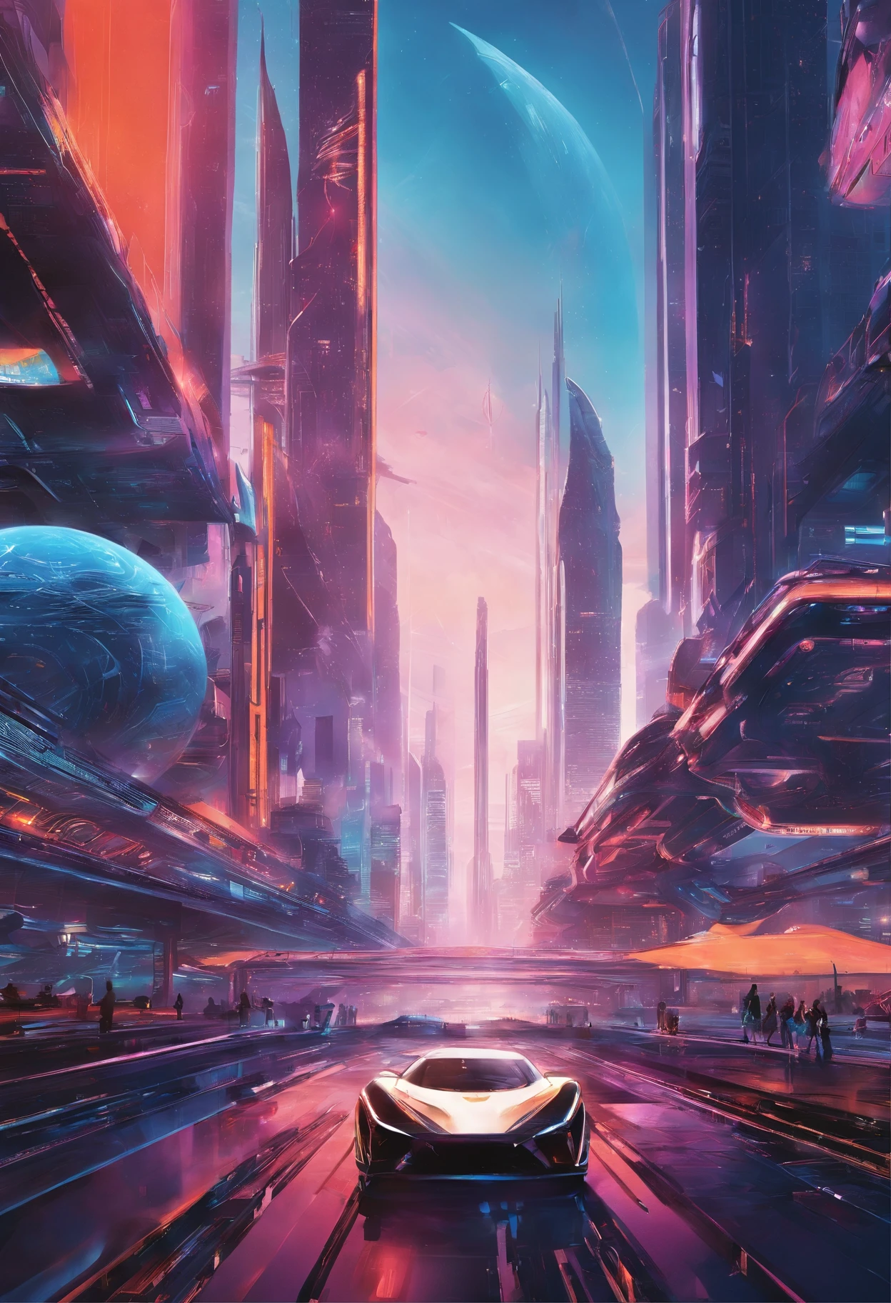 A sprawling futuristic cityscape, ((photorealistic)), ((photograph)), bustling with life and energy, set against a backdrop of gleaming skyscrapers that reach towards the heavens, futuristic transportation systems, such as hovering vehicles or high-speed trains, city is a harmonious blend of cutting-edge technology and organic elements, seamlessly integrating nature within its architecture, ((sleek and polished aesthetic)) inspired by the works of futuristic concept artists like (Syd Mead), ((extremely detailed)), (masterpiece),vibrant color palette that reflects the city's vibrancy, combining neon accents with bold primary colors and hints of natural tones, dynamic streets, wide-angle perspectives and dynamic angles, towering structures,