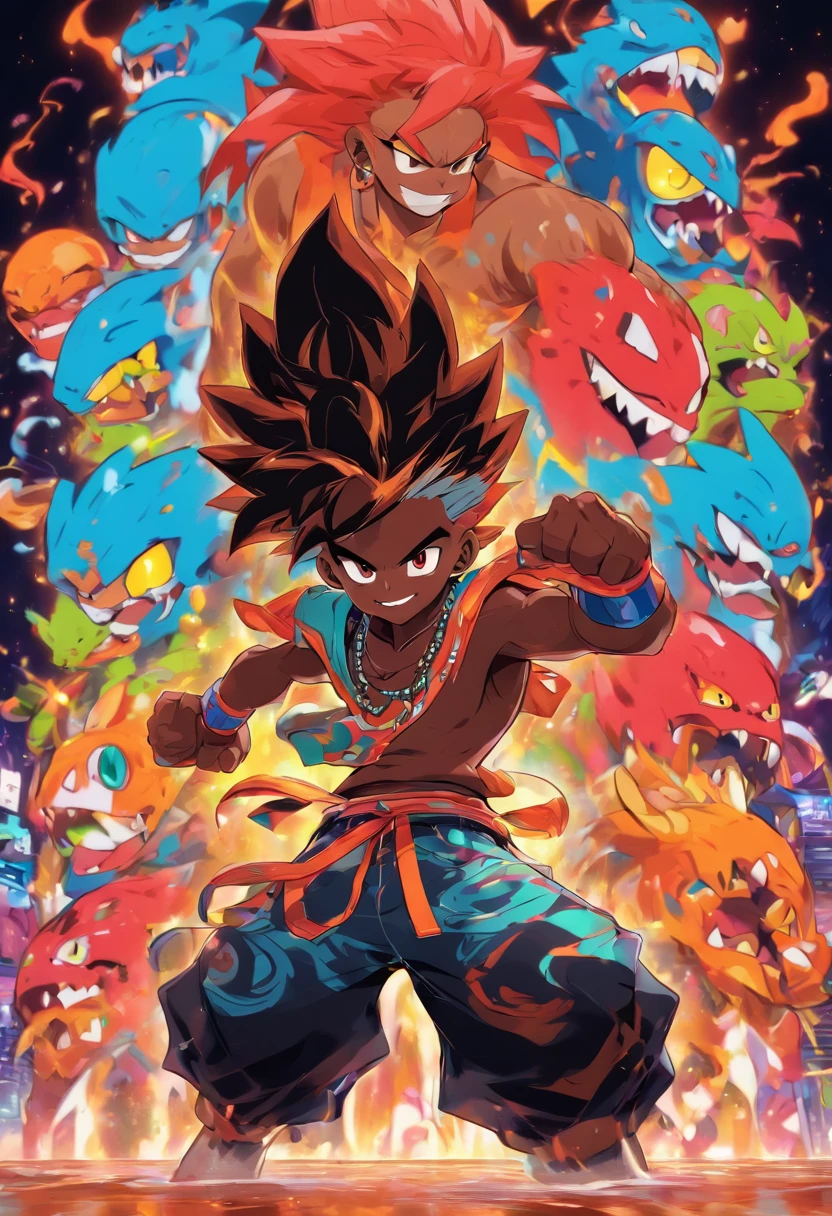 Monster Boy, Caramel Brown skin Black boy moor, Bald Hairstyle, Streetwear, Full Slime Body, colors neon, risa loca, malvada