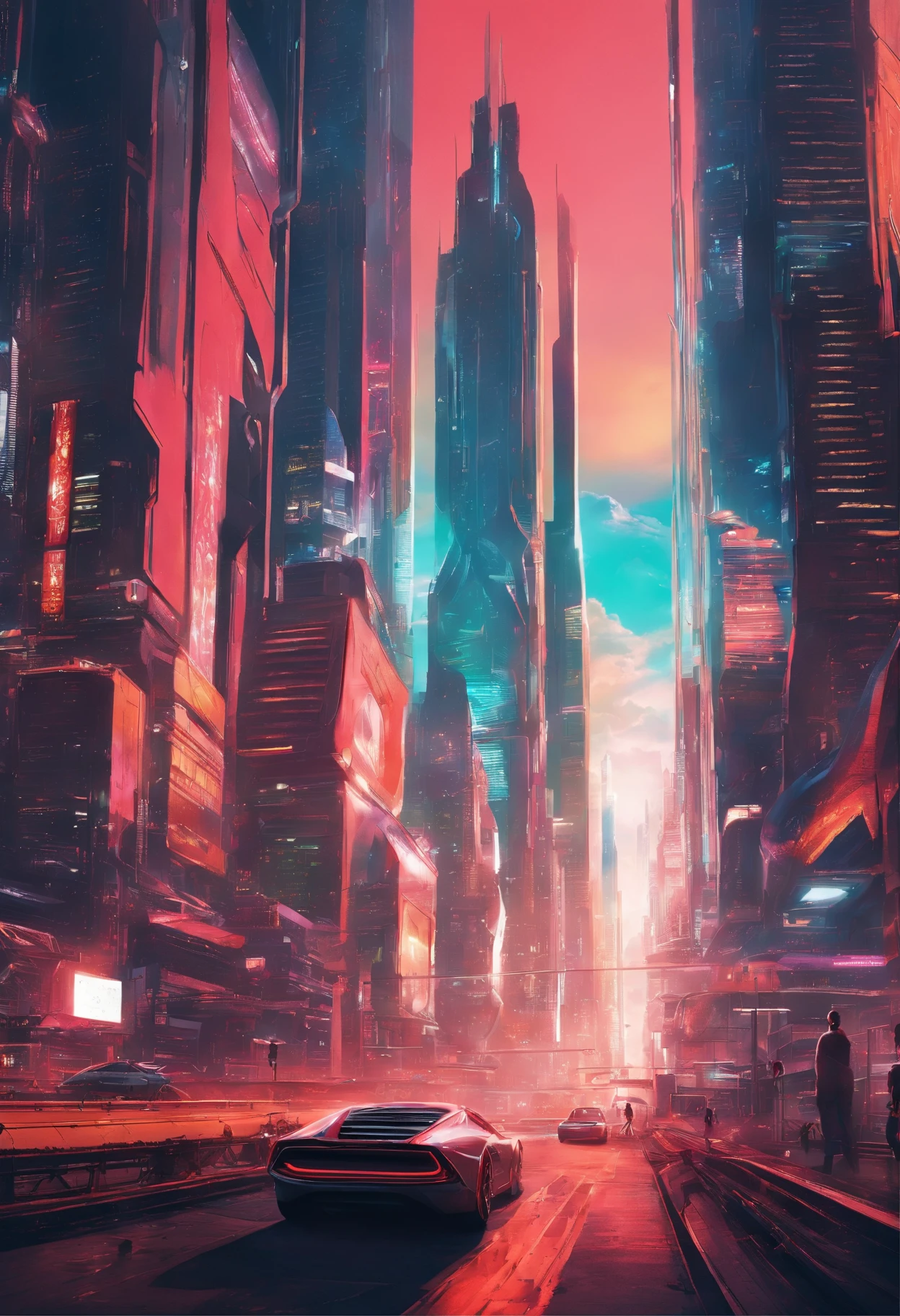 A sprawling futuristic cityscape, ((photorealistic)), ((photograph)), bustling with life and energy, set against a backdrop of gleaming skyscrapers that reach towards the heavens, futuristic transportation systems, such as hovering vehicles or high-speed trains, city is a harmonious blend of cutting-edge technology and organic elements, seamlessly integrating nature within its architecture, ((sleek and polished aesthetic)) inspired by the works of futuristic concept artists like (Syd Mead), ((extremely detailed)), (masterpiece),vibrant color palette that reflects the city's vibrancy, combining neon accents with bold primary colors and hints of natural tones, dynamic streets, wide-angle perspectives and dynamic angles, towering structures,