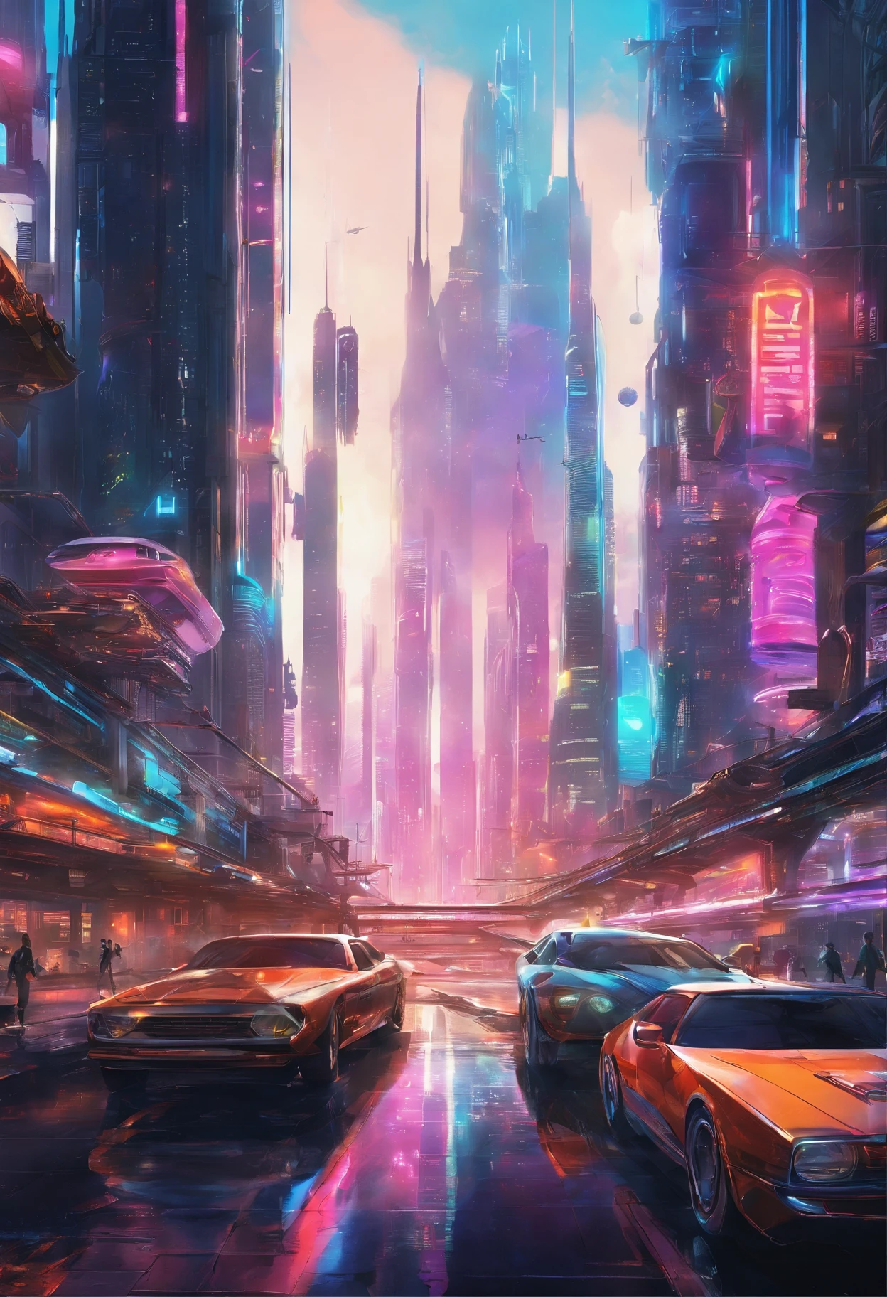 A sprawling futuristic cityscape, ((photorealistic)), ((photograph)), bustling with life and energy, set against a backdrop of gleaming skyscrapers that reach towards the heavens, futuristic transportation systems, such as hovering vehicles or high-speed trains, city is a harmonious blend of cutting-edge technology and organic elements, seamlessly integrating nature within its architecture, ((sleek and polished aesthetic)) inspired by the works of futuristic concept artists like (Syd Mead), ((extremely detailed)), (masterpiece),vibrant color palette that reflects the city's vibrancy, combining neon accents with bold primary colors and hints of natural tones, dynamic streets, wide-angle perspectives and dynamic angles, towering structures,