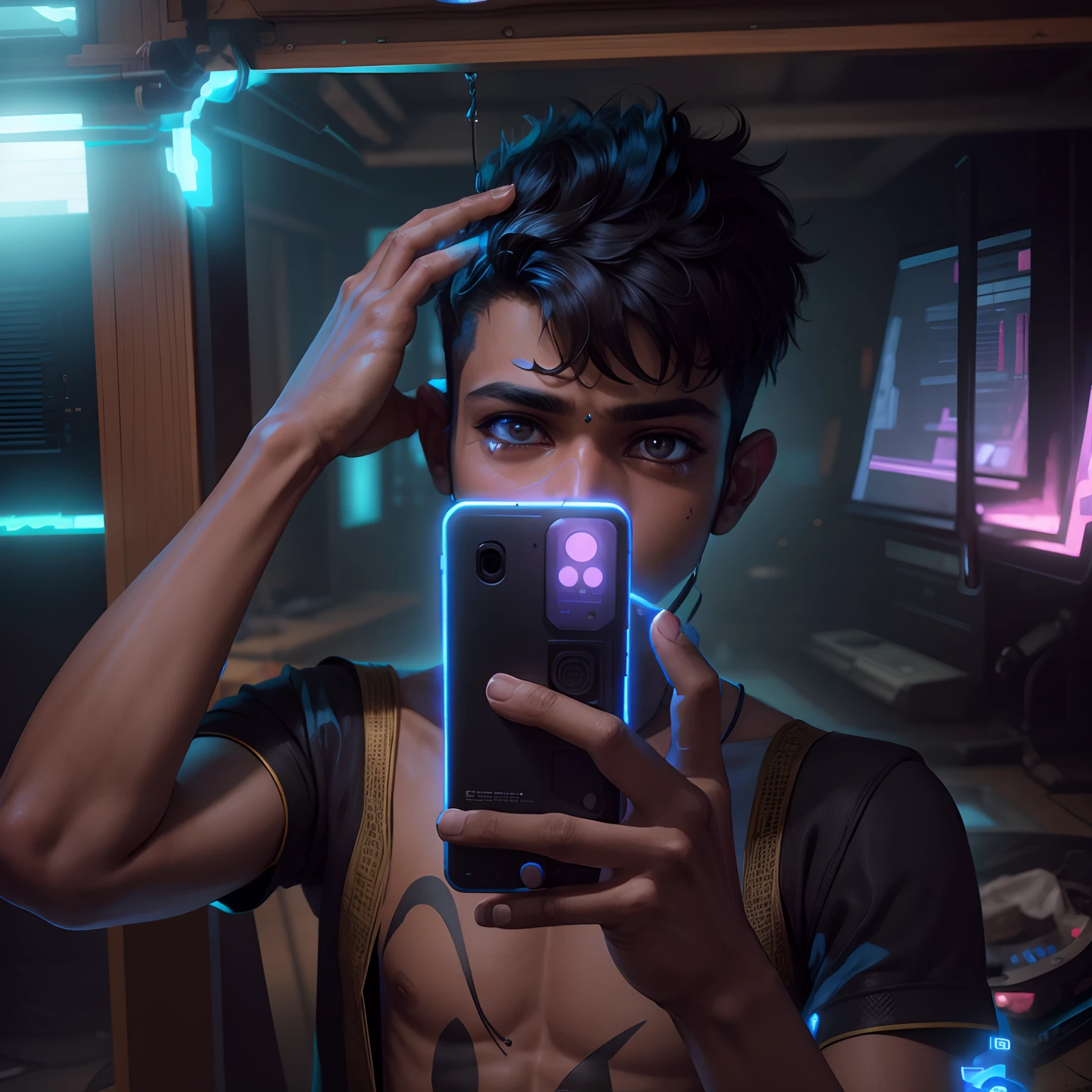 Cyberpunk, Indian boy, with mobile, 8k ultra realistic face high quality