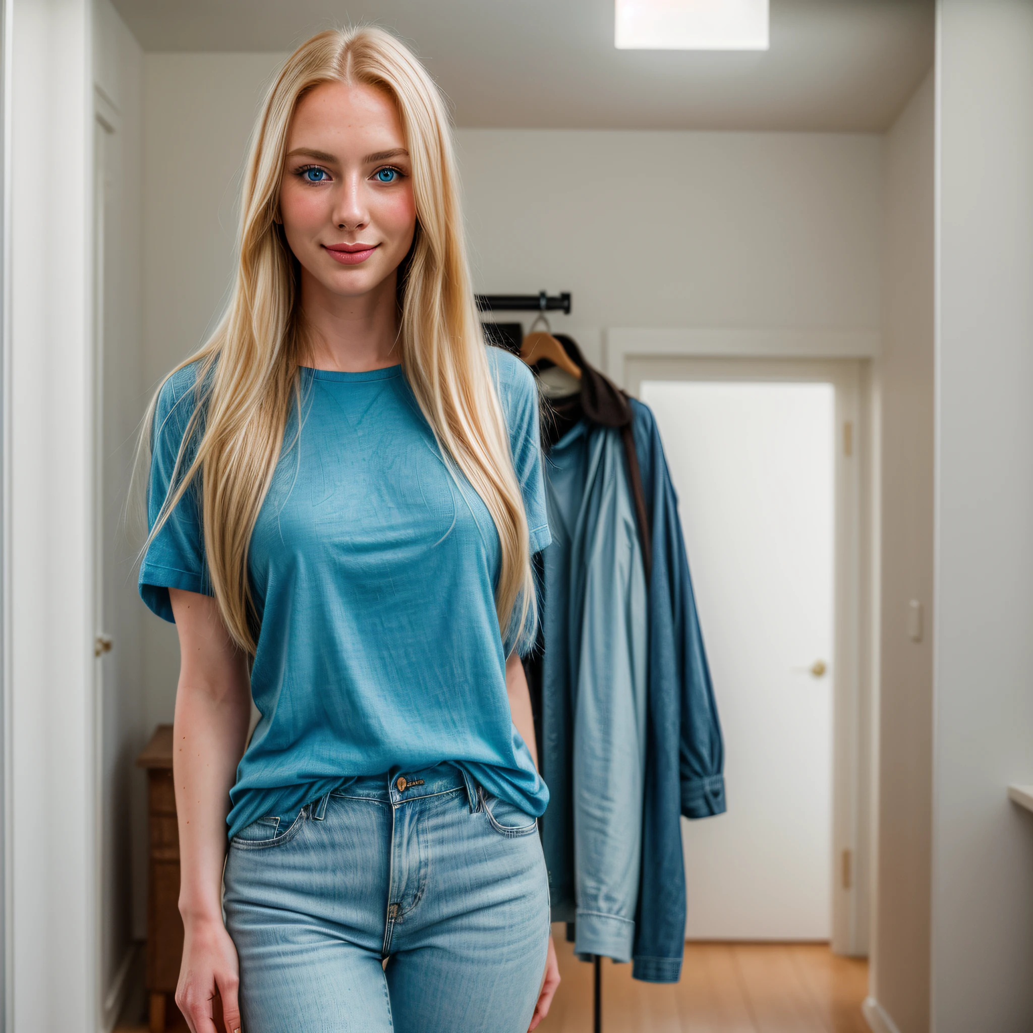 beautiful woman with straight long blonde hair and detailed vivid blue eyes wearing casual clothes in a modern home, thigh gap, seductive smile, alluring, masterpiece, photorealistic, detailed, 8k, HDR, shallow depth of field, broad light, high contrast, backlighting, bloom, light sparkles, chromatic aberration, sharp focus, RAW color photo, SLR lighting, SLR camera, fuller lips, oily skin, sunburn, full body, picture from a distance