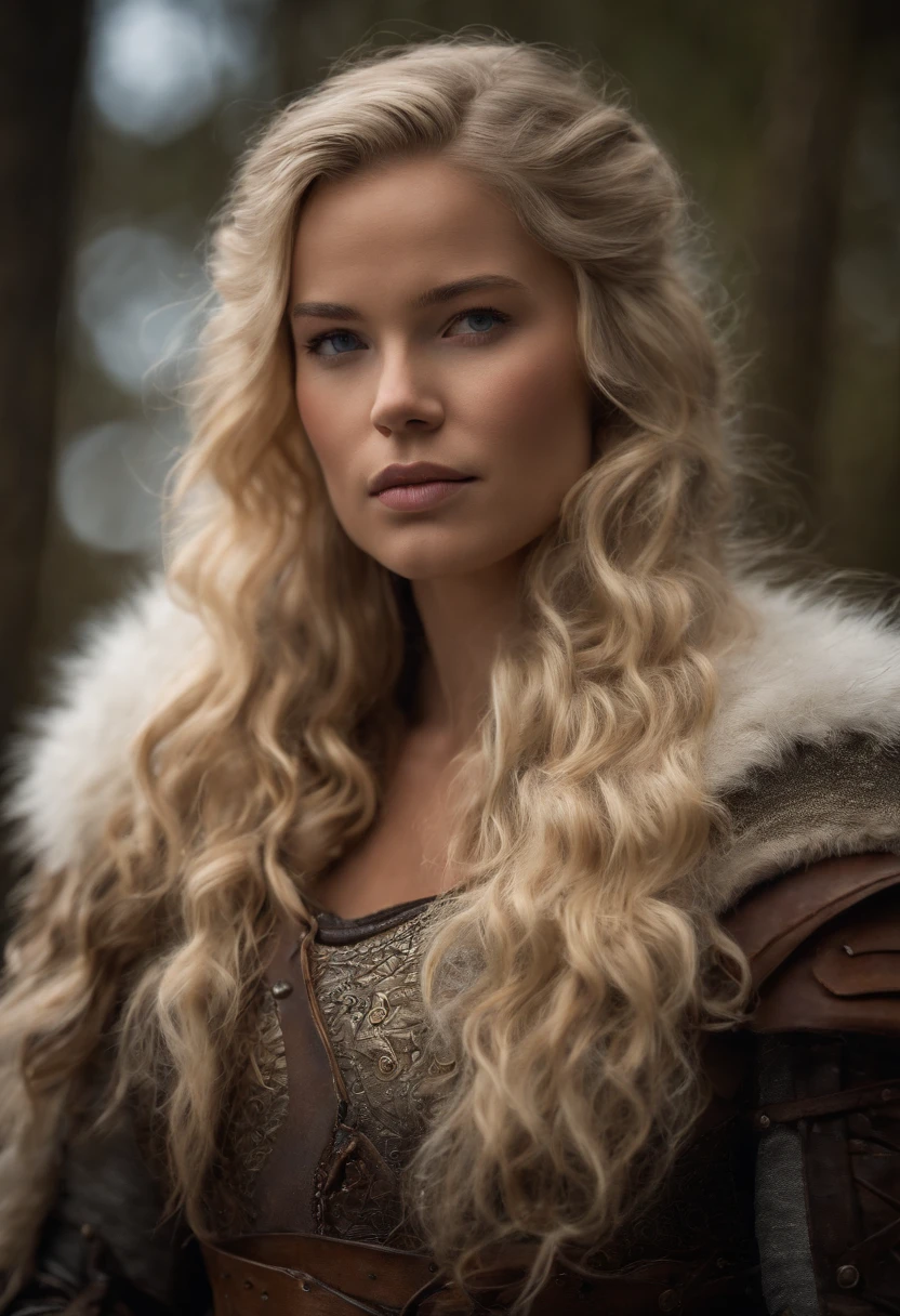 beautiful woman, viking warrior, fur cloak, armor, blonde hair, wavy hair, (closeup, portrait shot), (solo), realistic, depth of field