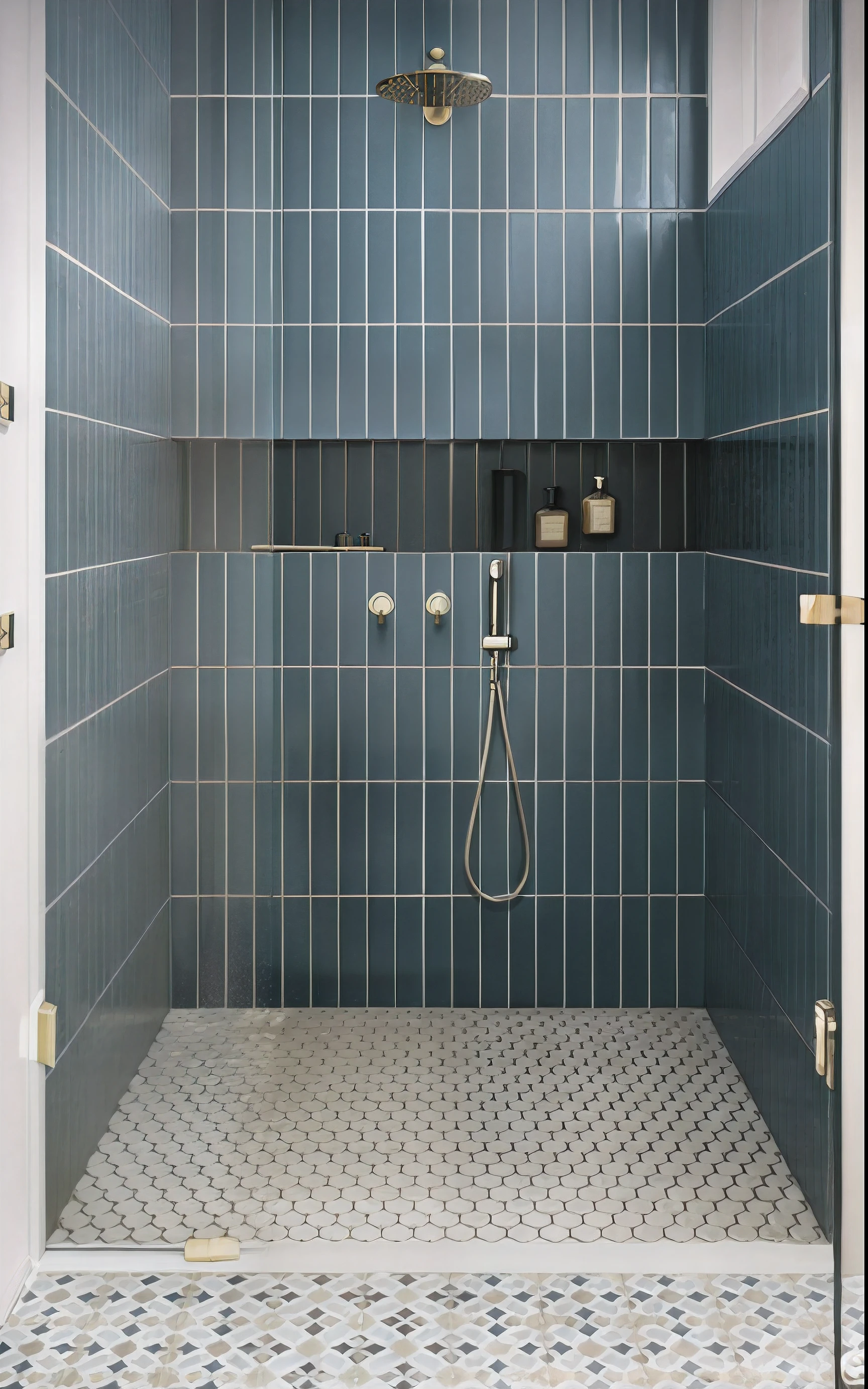 there is a shower with a blue tiled wall and floor, dipped in polished blue ceramic, gold and cobalt tiles, patterned tilework, tiled room squared waterway, brass pipes on the walls, showers, modern minimalist f 2 0, description, tiled, irregularly shaped mosaic tiles, colorful copper brass accents, black vertical slatted timber, detiled