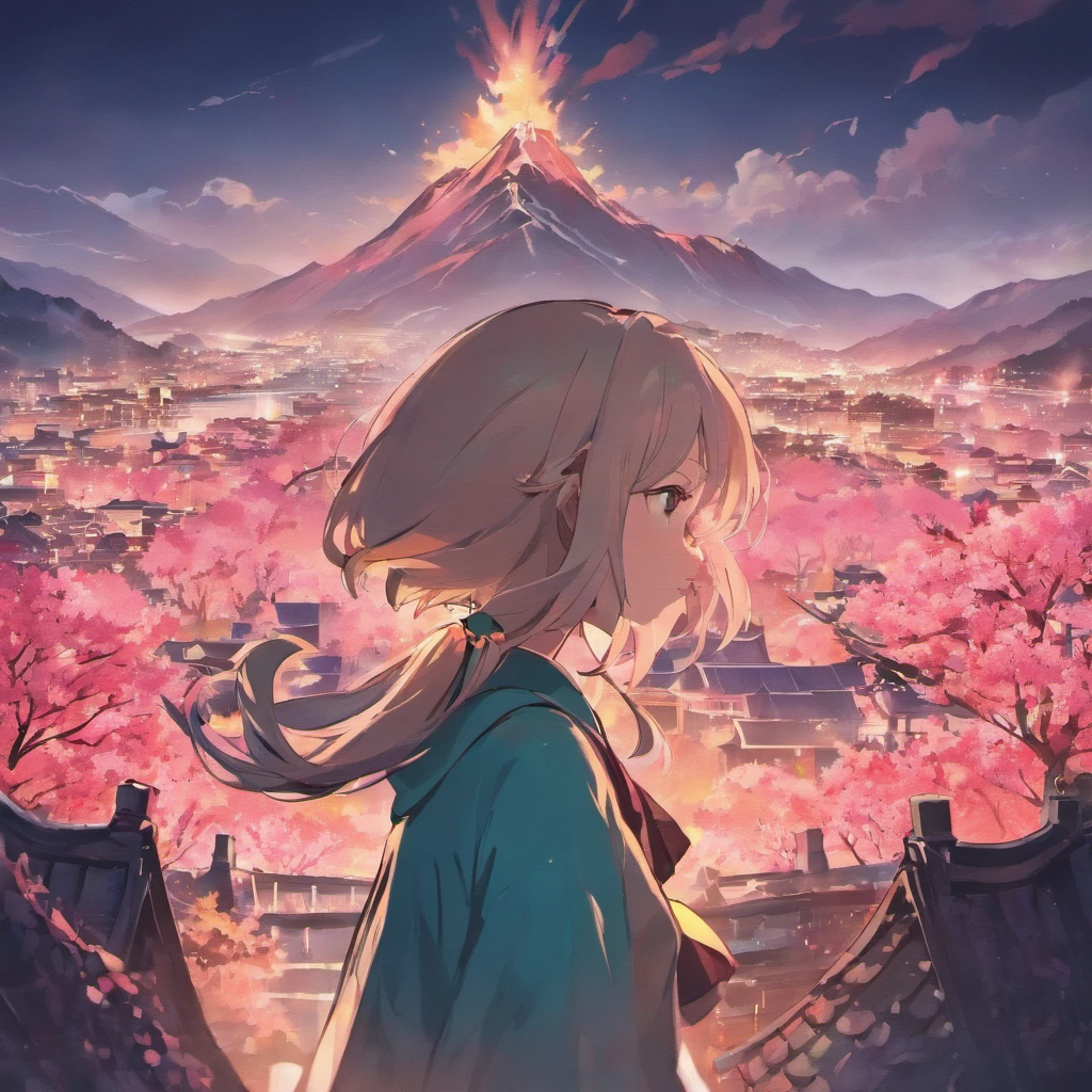 Poster with Japan buildings and mountains in the background, In the style of light teal and dark pink, Traditional animation, Trip, Layered Images, traditional, vintage images, cherryblossom