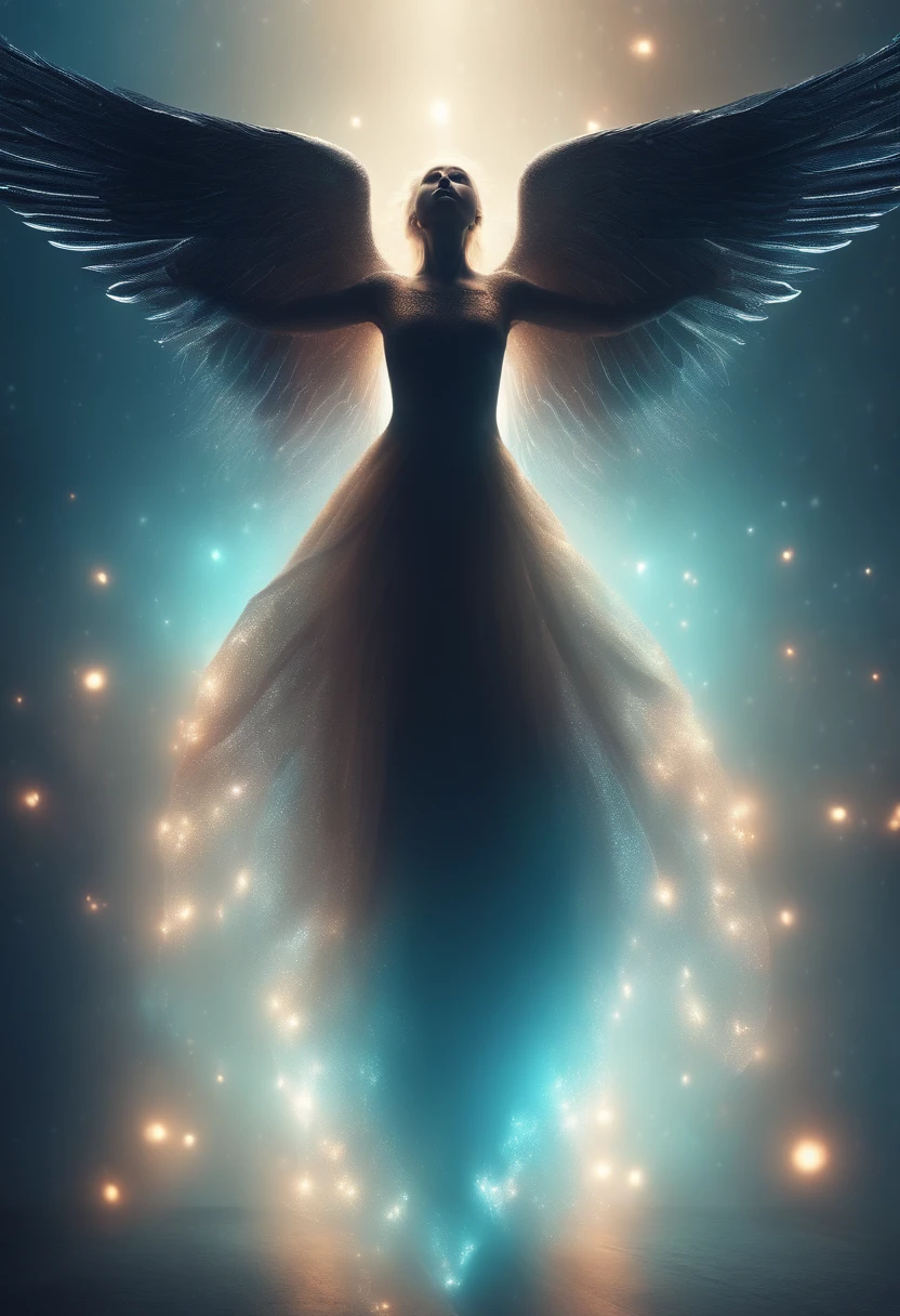 trapped angel,cosmic, bright light eyes, Biomechanics, strange, scary, Nightmare, very bright colors, particles of lights, with bright light, Mshiff, realistic, 8k, cinematic