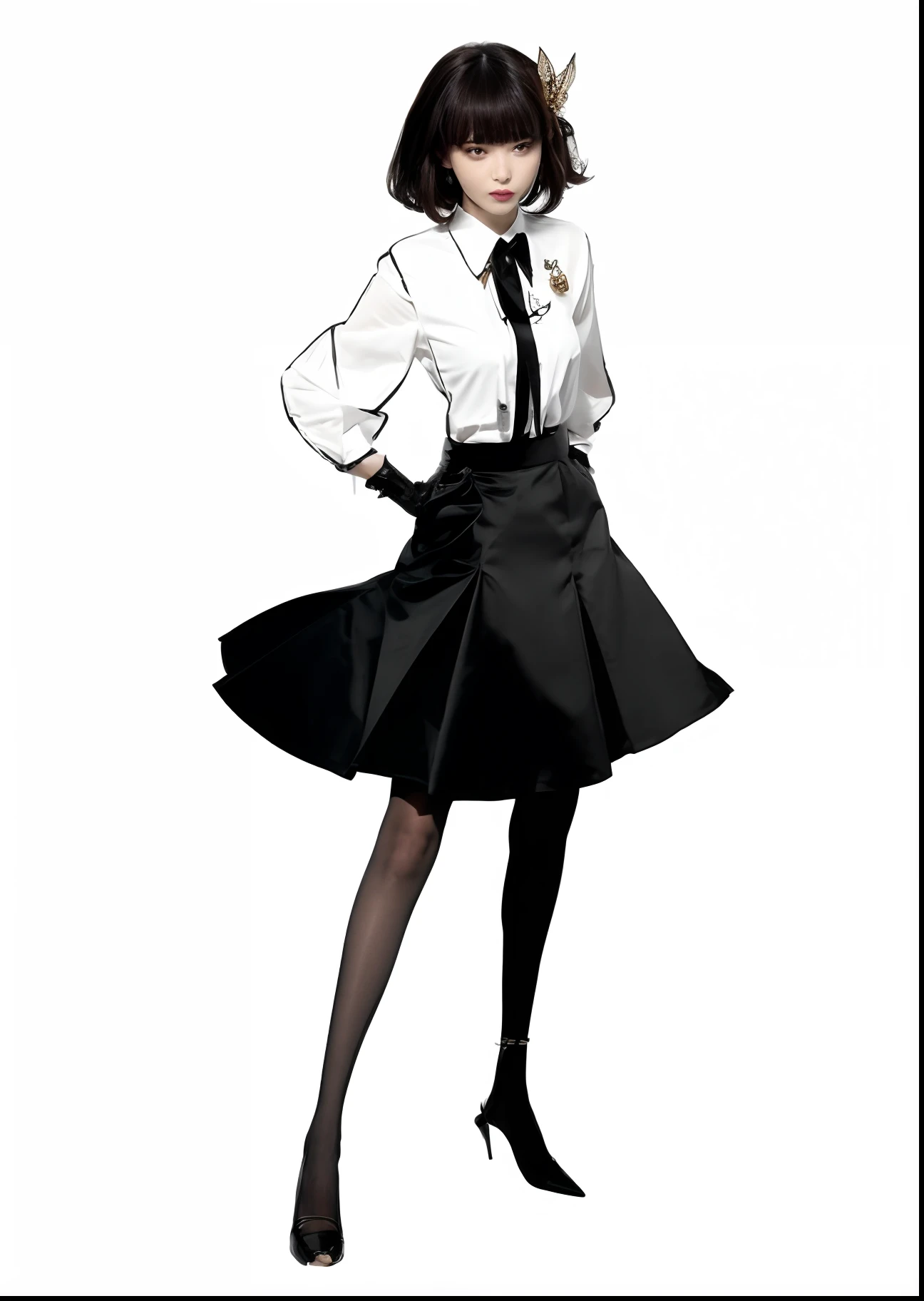 beautiful girl in a skirt and a white shirt with a baterfly brooch on her head, ideal proportions beautiful face, single character full body, wearing a black dress, black stiletto heels, full body single character, full body!!