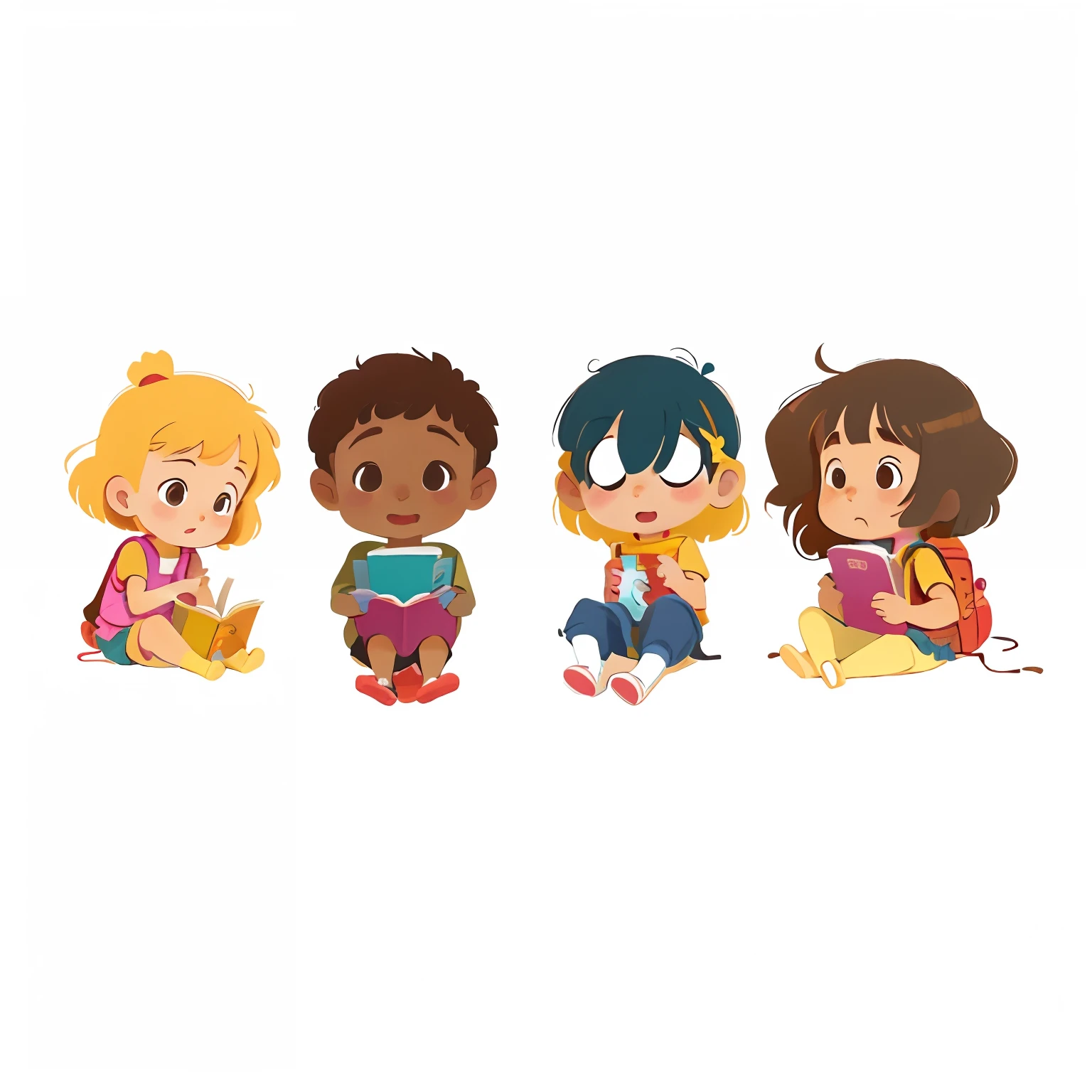 Cartoon children sitting on the floor with a backpack and a book, colorful kids book illustration, children illustration, illustration of children's books, childrens illustration, illustration of children's books, illustration of children's books, Cartoon style illustration, cute illustration, childrens\Illustration of, illustration of children's book, Directed by: Elaine Hamilton, illustration of children's book, Illustration for children's book, personagens bonitos, flat illustration
