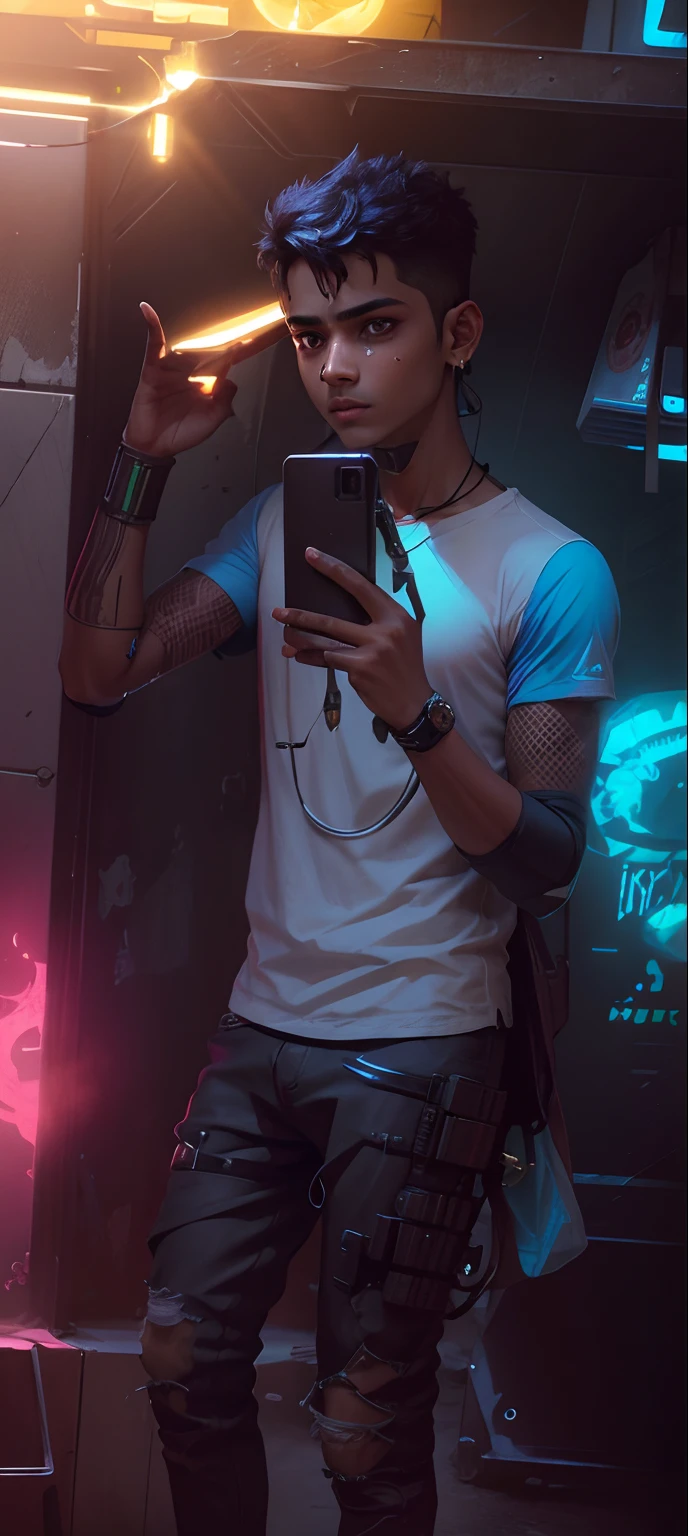 Cyberpunk, Indian boy, with mobile, 8k ultra realistic face high quality