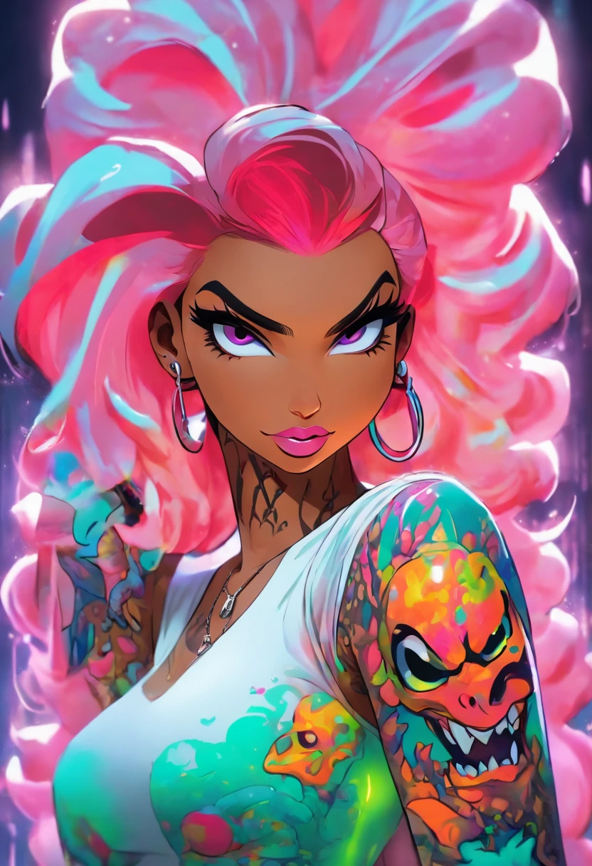 Monster Girl, Full Slime Body, colors neon, risa loca, malvada, arafed woman with tattoos and piercings posing in a white shirt, bombshell, gorgeous female, cardi b, clothed in white shirt, fully tattooed body, gorgeous woman, official product photo, better known as amouranth, gorgeous beautiful woman, tattooed body, full product shot, amouranth, dressed in a white t shirt, beautiful model