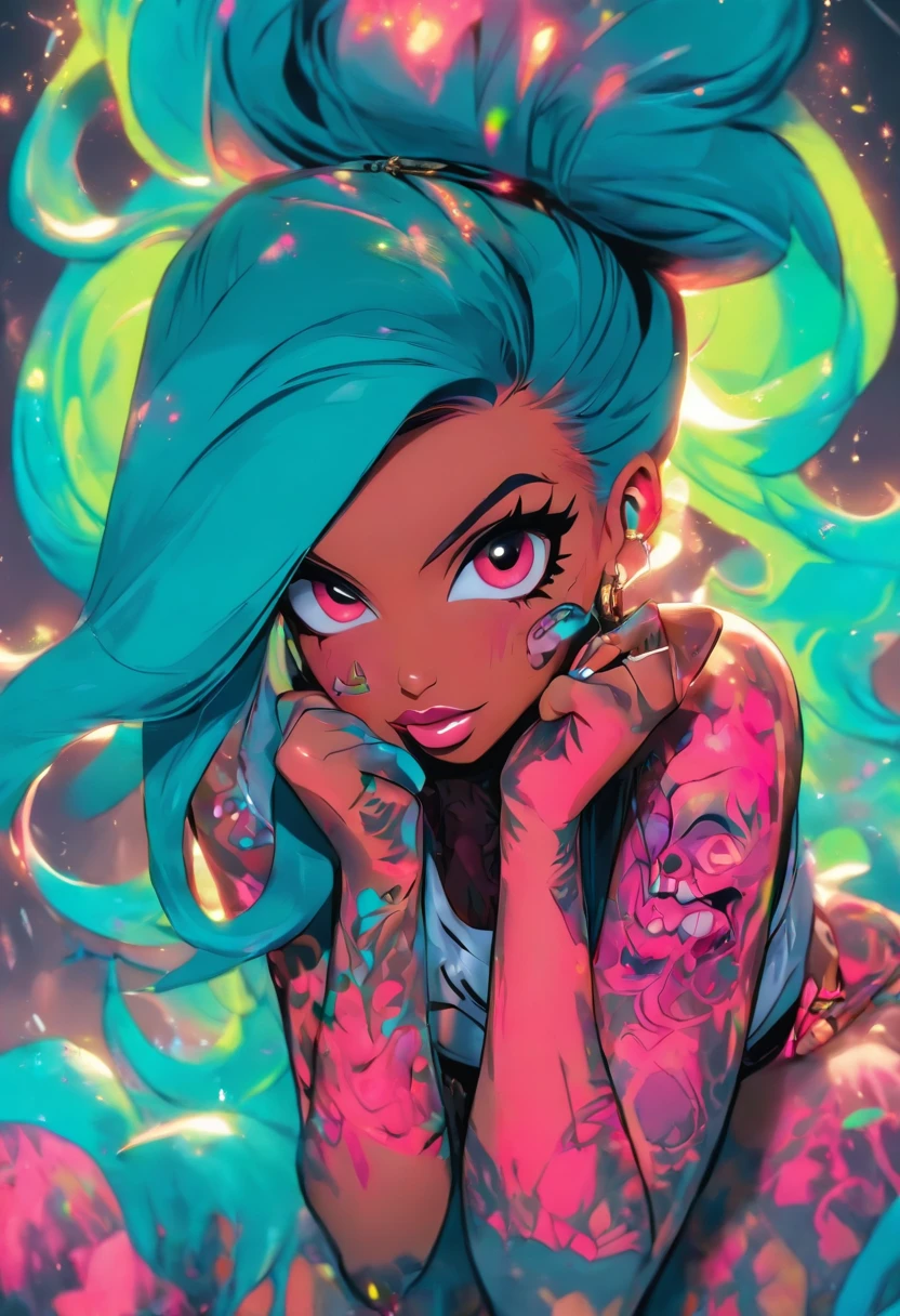 Monster Girl, Full Slime Body, colors neon, risa loca, malvada, arafed woman with tattoos and piercings posing in a white shirt, bombshell, gorgeous female, cardi b, clothed in white shirt, fully tattooed body, gorgeous woman, official product photo, better known as amouranth, gorgeous beautiful woman, tattooed body, full product shot, amouranth, dressed in a white t shirt, beautiful model