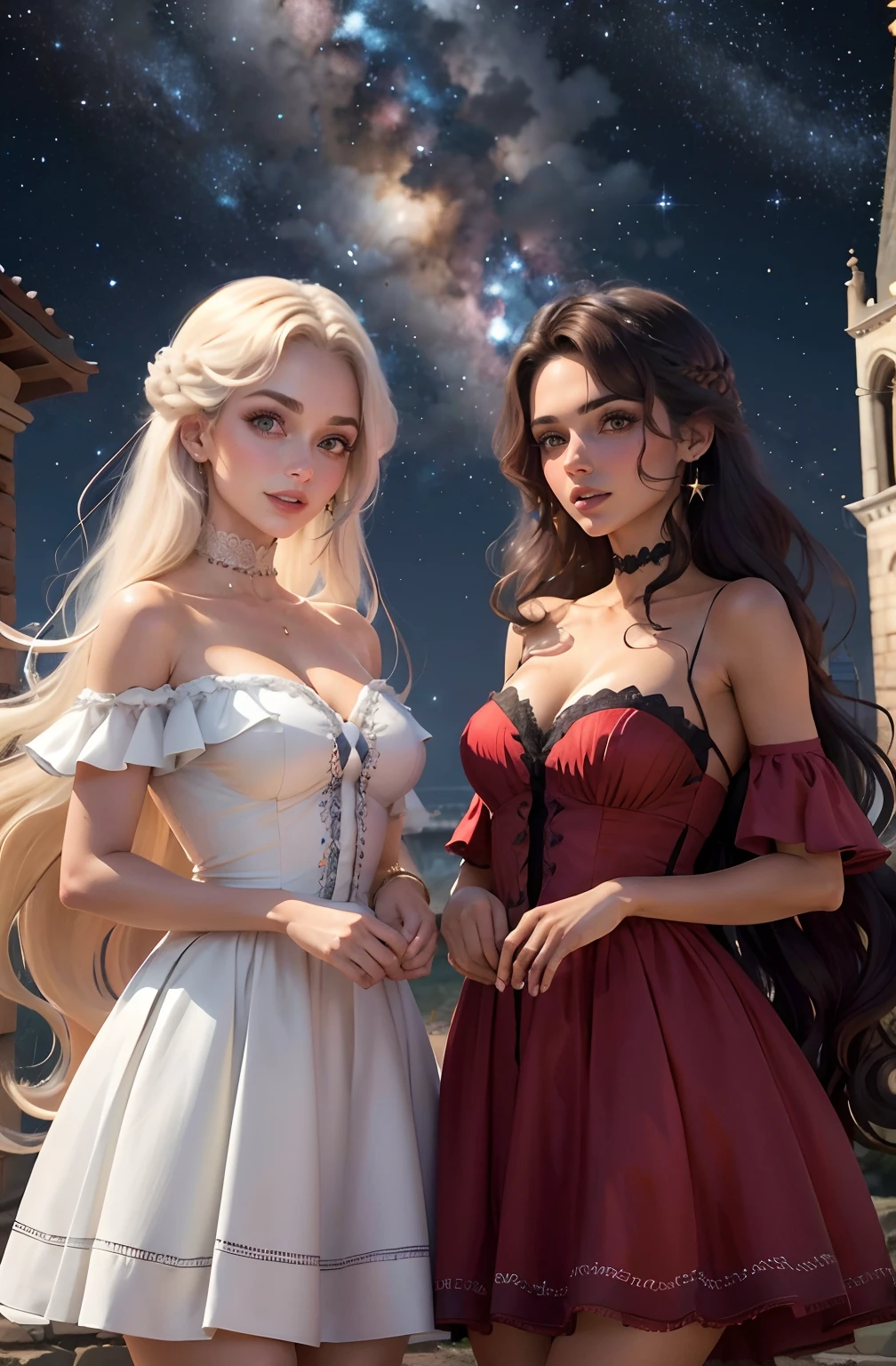 melhor qualidade, realista. 2 garotas de costas uma para a outra, uma garota tem cabelo vermelho. A outra garota tem cabelos pretos com mechas azuis. They are in front of a tower, night and starry sky