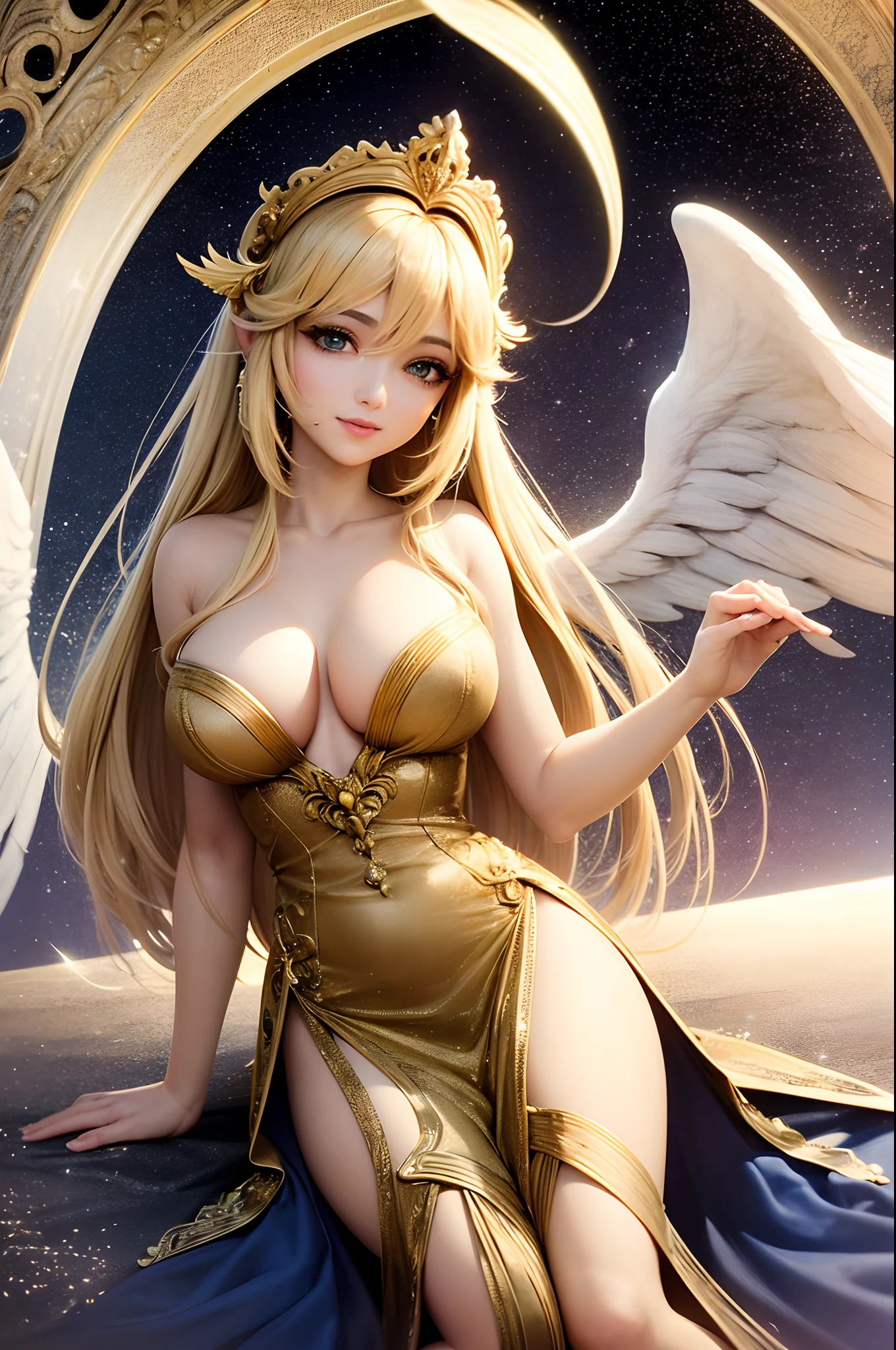 (Best quality, 4k, 8k, highres, masterpiece:1.2), ultra-detailed, realistic, (photorealistic:1.3), palutena, angel gaze, beautiful detailed eyes, beautiful detailed lips, extremely detailed eyes and face, longeyelashes, angel wings, angelic, hearts, love, grasping her breasts, vivid colors, portraits, soft lighting, romantic, colorful palette, ethereal, heavenly, serene, halo, celestial environment, sparkling stars and galaxies, cascading golden light, rays of divine energy, luminous and radiant, flawless complexion, royal blue gown, tranquility, harmony, divine beauty, joyful expression, boundless love and affection, enchanting presence, sunshine filtering through the clouds, floating in the air, gentle breeze, peaceful garden, serenity and bliss, heavenly light shining upon her, glowing aura, inner peace and happiness, blissful smile on her face, love in her eyes, celestial realms, angelic presence, sacred and pure, loving and compassionate gaze.