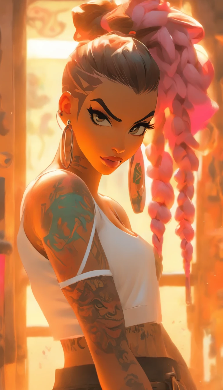 Ultra-detailed portrait of ShoalBeat's 1girl in leggings, a sports bra, an off-shoulder jacket, braids and a hairband, in the gym with a cowboy shot pose, pink hair, symbol-shaped eyes, sweat and wet skin, with a water bottle, by Makoto Shinkai, Katsuhiro Otomo, Thomas Kinkade, Greg Rutkowski, Mike Mignola and Ismail Inceoglu., arafed woman with tattoos and piercings posing in a white shirt, bombshell, gorgeous female, cardi b, clothed in white shirt, fully tattooed body, gorgeous woman, official product photo, better known as amouranth, gorgeous beautiful woman, tattooed body, full product shot, amouranth, dressed in a white t shirt, beautiful model