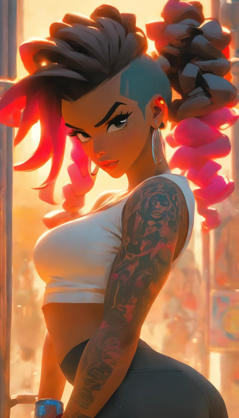 Ultra-detailed portrait of ShoalBeat's 1girl in leggings, a sports bra, an off-shoulder jacket, braids and a hairband, in the gym with a cowboy shot pose, pink hair, symbol-shaped eyes, sweat and wet skin, with a water bottle, by Makoto Shinkai, Katsuhiro Otomo, Thomas Kinkade, Greg Rutkowski, Mike Mignola and Ismail Inceoglu., arafed woman with tattoos and piercings posing in a white shirt, bombshell, gorgeous female, cardi b, clothed in white shirt, fully tattooed body, gorgeous woman, official product photo, better known as amouranth, gorgeous beautiful woman, tattooed body, full product shot, amouranth, dressed in a white t shirt, beautiful model