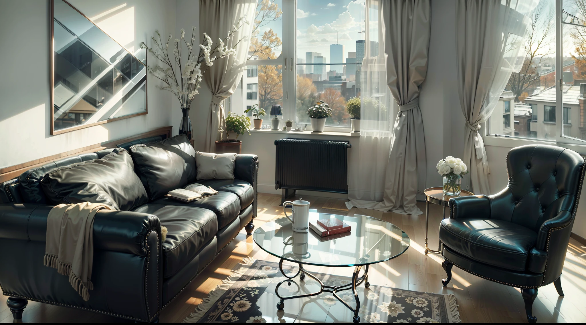 This 5-star hotel features modern design furniture。, including armchairs upholstered in black and gray leather, tempered glass coffee tables with chrome bases, Outside the window it is autumn,Classic 5 star hotel bedroom room