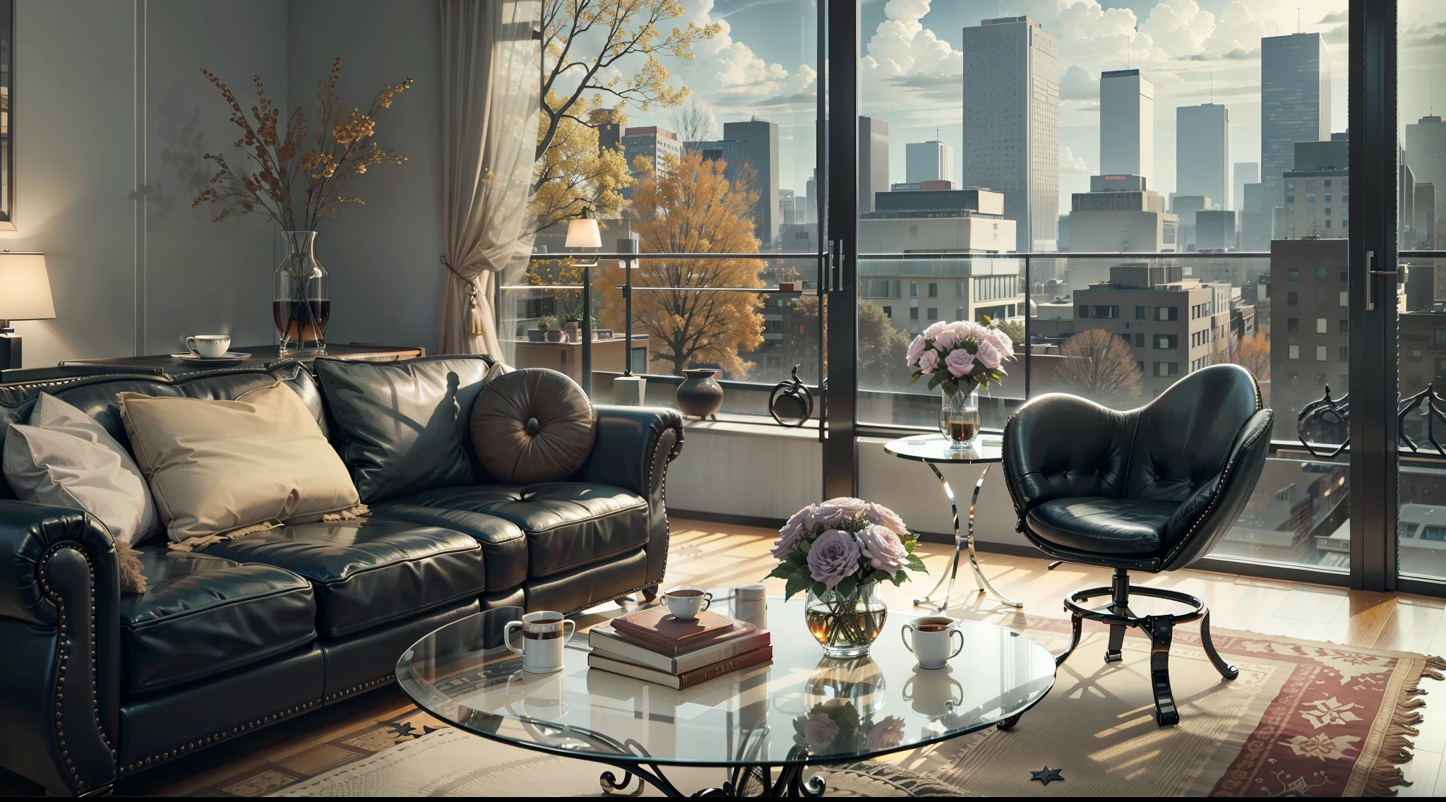 This 5-star hotel features modern design furniture。, including armchairs upholstered in black and gray leather, tempered glass coffee tables with chrome bases, Outside the window it is autumn,Classic 5 star hotel bedroom room