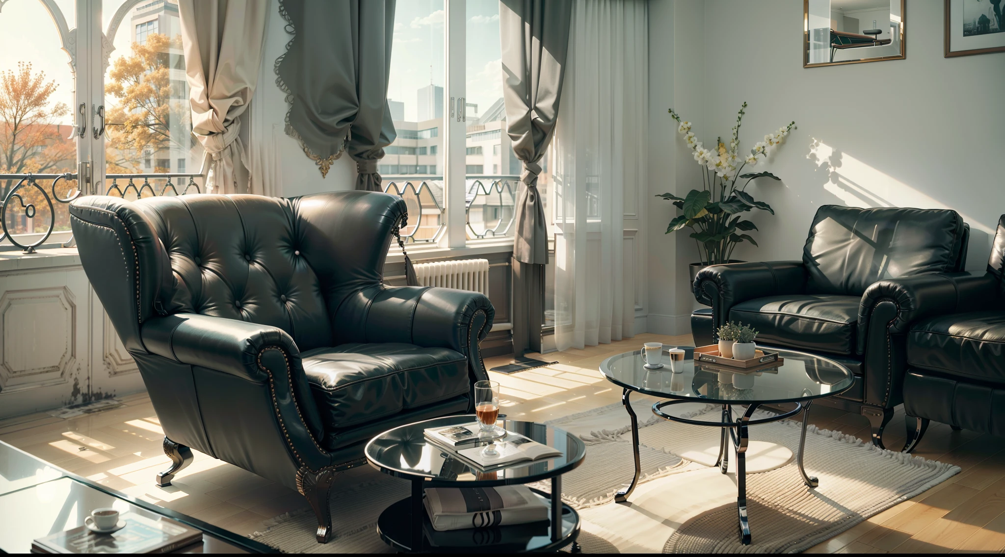 This 5-star hotel features modern design furniture。, including armchairs upholstered in black and gray leather, tempered glass coffee tables with chrome bases, Outside the window it is autumn,Classic 5 star hotel bedroom room