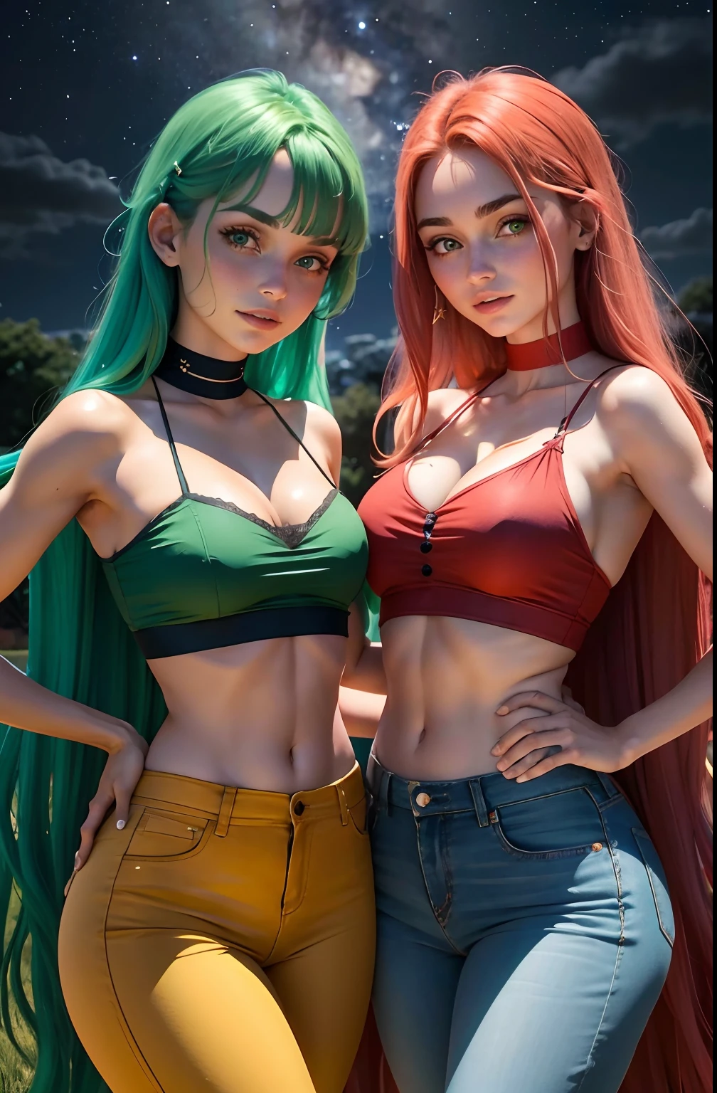 1 woman only, purple hair color, highres, masterpiece, perfect lighting, bloom, cinematic lighting, adult, female, perfect skin, looking at viewer, upper body, collarbone, wavy hair, necklace, floral print, green ponytail, freckles, red hair, sunlight, center opening, midriff, cleavage, sleeveless, crying,