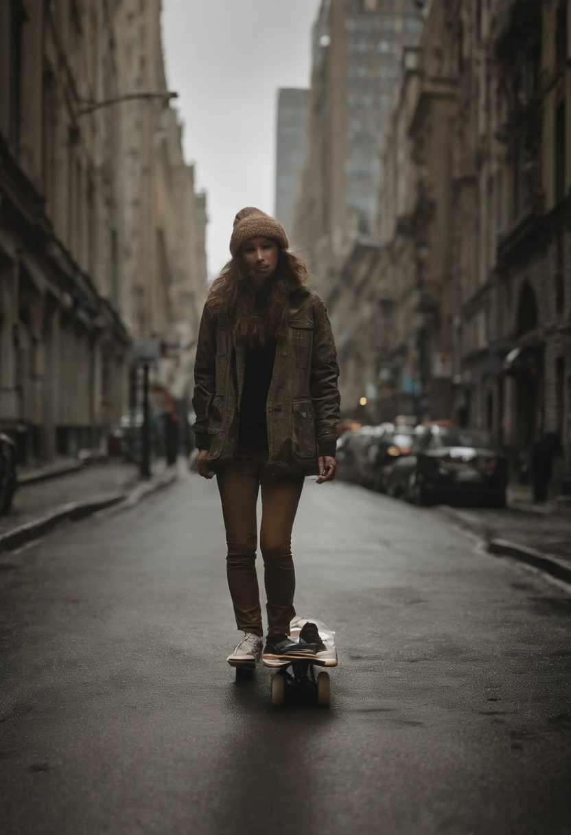 A girlis, 14 Jahre alt, Ein Skateboard besitzen, Die Nacht,orgía,Allein,Stadt,Cyberpunk personality,Smog,Straßenmode,Ohren,the road,weit weg von zu Hause,Neonlicht,Smog,