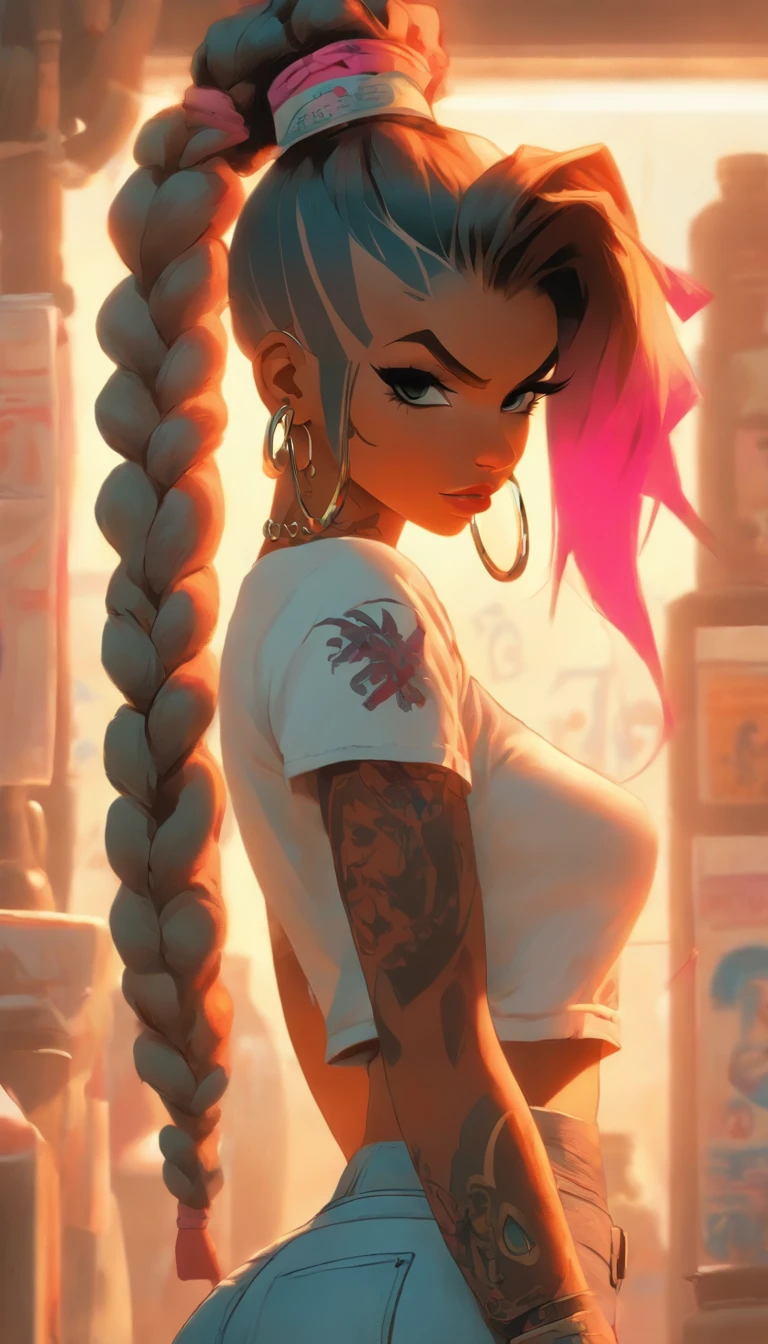 Ultra-detailed portrait of ShoalBeat's 1girl in leggings, a sports bra, an off-shoulder jacket, braids and a hairband, in the gym with a cowboy shot pose, pink hair, symbol-shaped eyes, sweat and wet skin, with a water bottle, by Makoto Shinkai, Katsuhiro Otomo, Thomas Kinkade, Greg Rutkowski, Mike Mignola and Ismail Inceoglu., arafed woman with tattoos and piercings posing in a white shirt, bombshell, gorgeous female, cardi b, clothed in white shirt, fully tattooed body, gorgeous woman, official product photo, better known as amouranth, gorgeous beautiful woman, tattooed body, full product shot, amouranth, dressed in a white t shirt, beautiful model