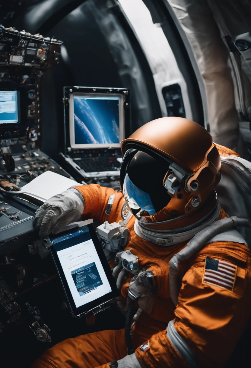 an astronaut using a notebook in space