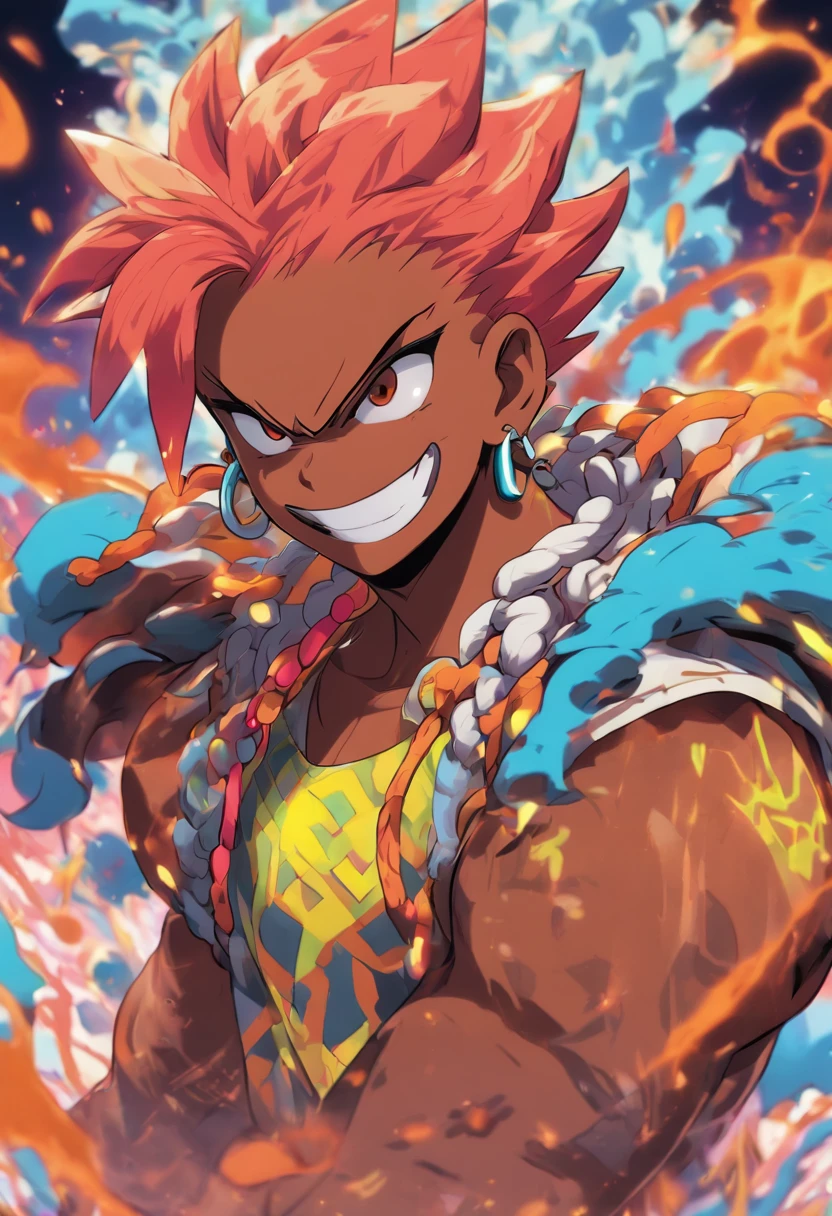 ( masterpiece),  score_9,  score_8_above,  score_7_above,  score_6_above,  score_5_above,  score_4_above, 1 , Alone, kiawe ,  multicolored hair,  black eyes,  dark skin , collar, shoulder tattoos ,  barefoot detailed feet  , pectorals nipples ,  supporting Pokébola,  SERIOUS EXPRESSION, of tight underwear.