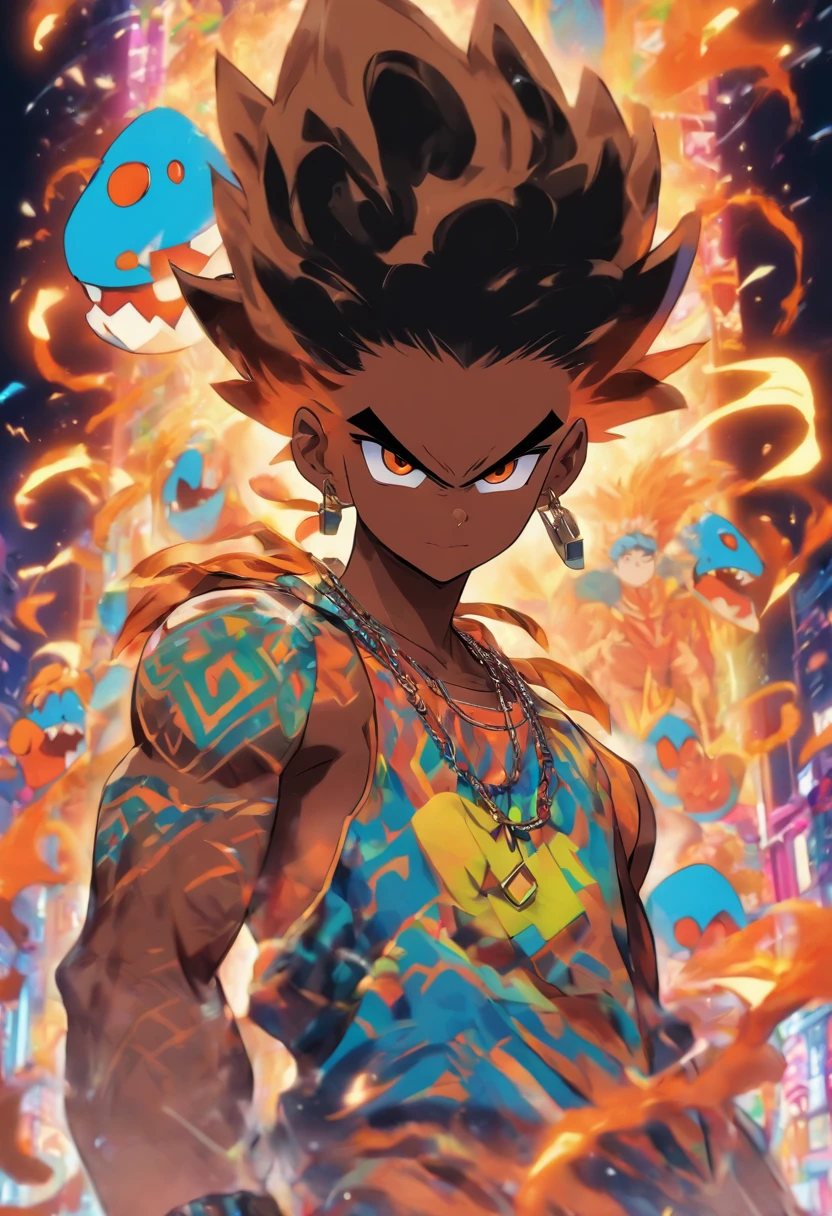 Monster Boy, Caramel Brown skin Black boy moor, Bald Hairstyle, Streetwear, Full Slime Body, colors neon, risa loca, malvada