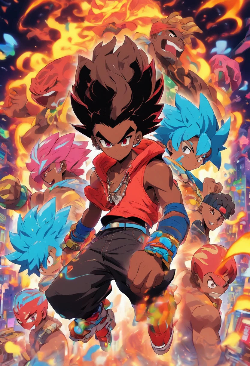 Monster Boy, Caramel Brown skin Black boy moor, Bald Hairstyle, Streetwear, Full Slime Body, colors neon, risa loca, malvada