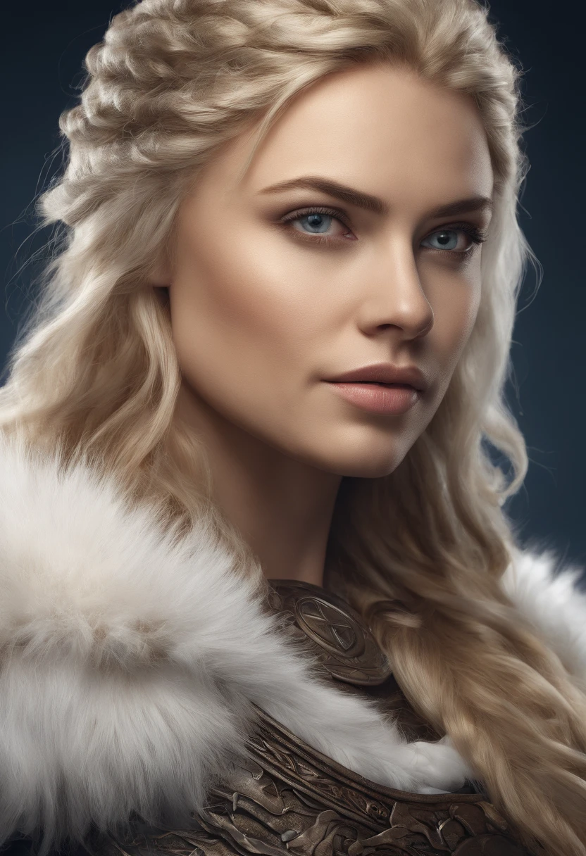 beautiful woman, viking warrior, fur cloak, armor, blonde hair, wavy hair, (closeup, portrait shot), (solo), realistic, depth of field