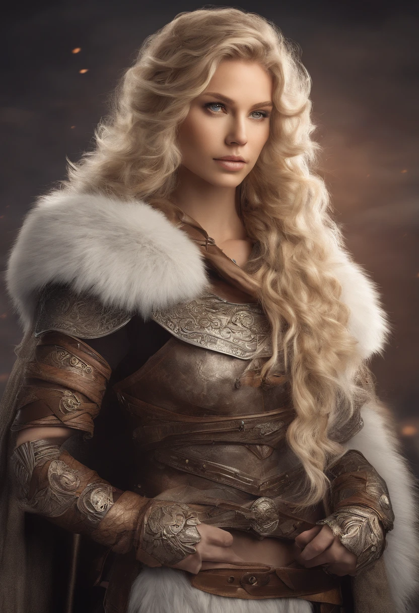 beautiful woman, viking warrior, fur cloak, armor, blonde hair, wavy hair, (closeup, portrait shot), (solo), realistic, depth of field