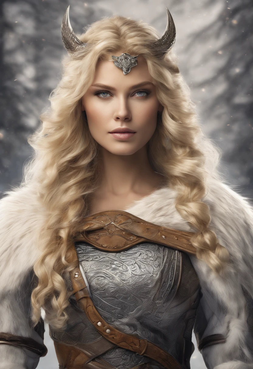 beautiful woman, viking warrior, fur cloak, armor, blonde hair, wavy hair, (closeup, portrait shot), (solo), realistic, depth of field