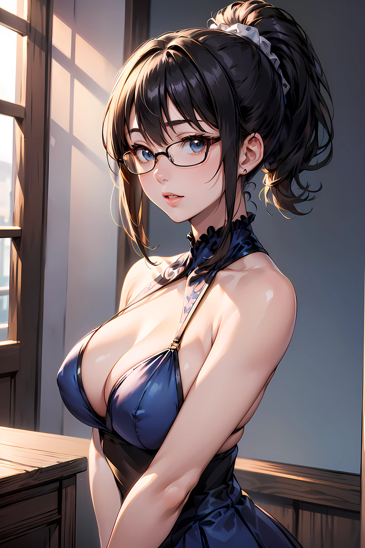 (1glasses girl:1.3, solo), (Audrey Hepburn:1.3), (a extremely pretty and beautiful Japanese woman), (sexy girl), (professional attire:1.3), (22 years old: 1.1), (arms behind back between legs:1.3), (attractive random posing:1.3), (in the queen's room:1.3), (looking straight at you:1.3), (starring at you:1.3), (front view:1.3), break, (ponytail:1.3), (shiny-black thin hair:1.2), bangs, dark brown eyes, beautiful eyes, princess eyes, (big eyes:1.3), bangs, wearing a glasses:1.3, Hair between eyes, short hair:1.3, (slender:1.1), (small-medium-breasts:0.95), (thin waist: 1.15), (detailed beautiful girl: 1.4), Parted lips, Red lips, full-make-up face, (shiny skin), ((Perfect Female Body)), (upper body image:1.3), Perfect Anatomy, Perfect Proportions, (most beautiful Korean actress face:1.3, extremely cute and beautiful Japanese actress face:1.3), BREAK, (View viewer, wearing a embroidery frills sexy teacher uniform, (insanely detailed elegant outfit:1.3), (halter-neck princess dress:1.3), (halter-neck dress:1.3), (blue dress:1.3), (high-waist-frill-skirt:1.3), detailed clothes, BREAK, (detailed classy queen's room background:1.2), (dark background), (Studio soft lighting: 1.3), (fake lights: 1.3), (backlight: 1.3), BREAK, (Realistic, Photorealistic: 1.37), (Masterpiece, Best Quality: 1.2), (Ultra High Resolution: 1.2), (RAW Photo: 1.2), (Sharp Focus: 1.3), (Face Focus: 1.2), (Ultra Detailed CG Unified 8k Wallpaper: 1.2), (Beautiful Skin: 1.2), (pale Skin: 1.3), (Hyper Sharp Focus: 1.5), (Ultra Sharp Focus: 1.5), (Beautiful pretty face: 1.3), (super detailed background, detail background: 1.3), Ultra Realistic Photo, Hyper Sharp Image, Hyper Detail Image,