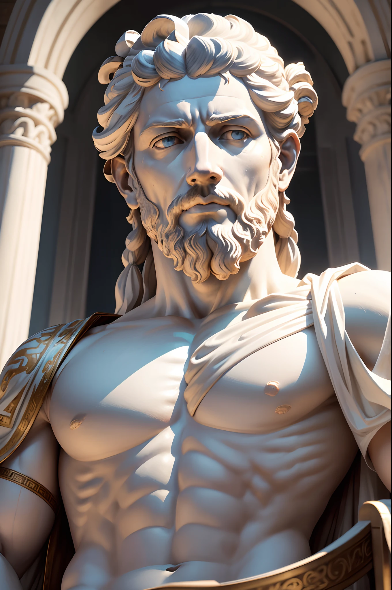 "A realistic white Greek marble statue of Marcus Aurelius, in a stoic and calm pose, depicting the philosophy of Stoicism. The statue features a stoic and divine facial expression, displaying a stoic attitude and a serene yet confident facial expression. The image portrays the man wearing a Roman toga. It is detailed down to the smallest details, set against a neutral backdrop, incredibly detailed and hyper-realistic, with bright lights. It has an 8k resolution."