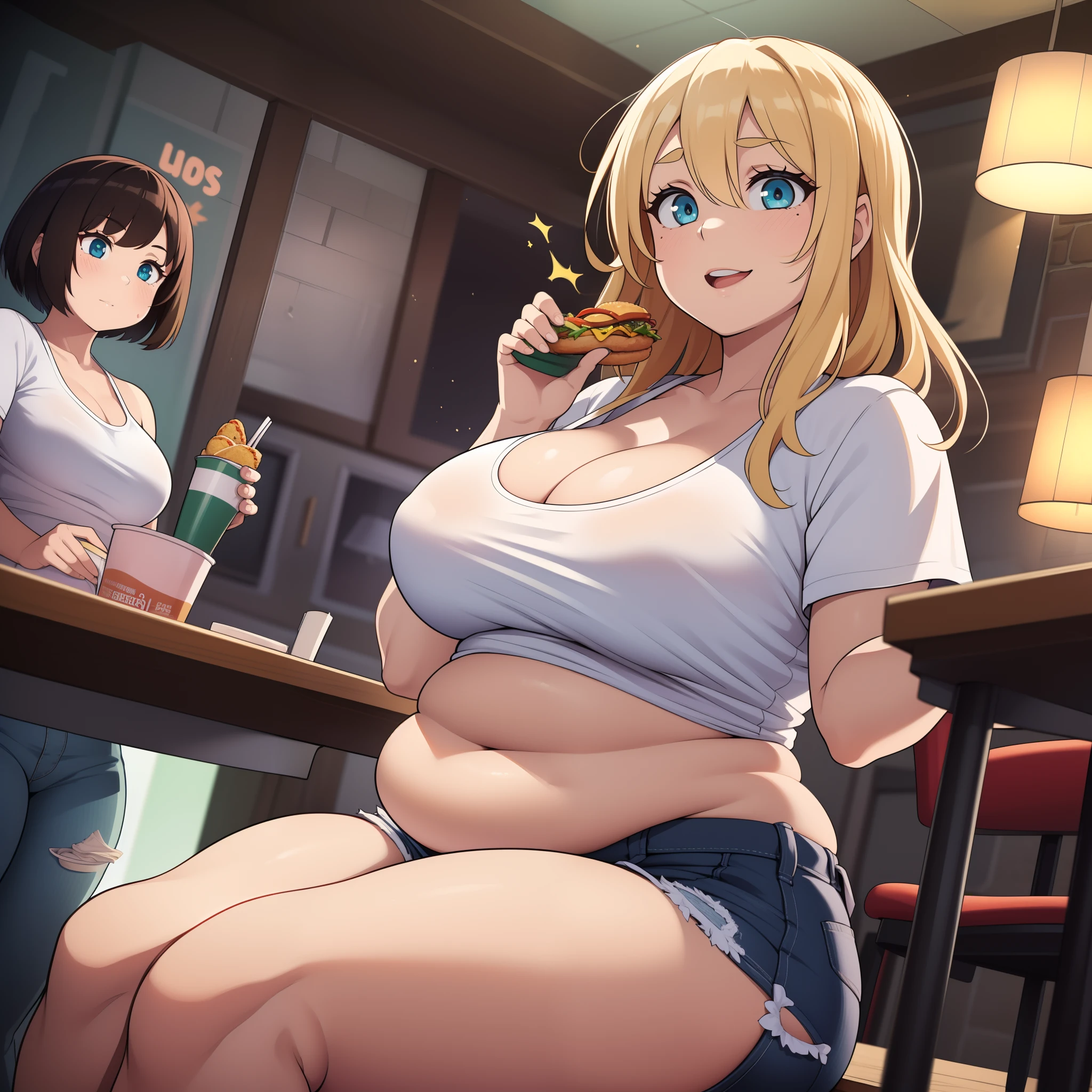 ((highres)), Masterpiece, high quality, best quality, beautiful, perfect lighting, detailed face, ultra cute face, ((2girls)), one girl has blonde hair, blue eyes, crop top and shorts skindentation, one girl has brown hair, green eyes, jeans, white shirt, thighs clothes, full body, fast food restaurant, medium breasts, perky breasts, cleavage, ((wide hips)), ((thick thighs)), thicc, ass, ((chubby)), pudgy belly, fat folds, sitting at table, (belly grab)
