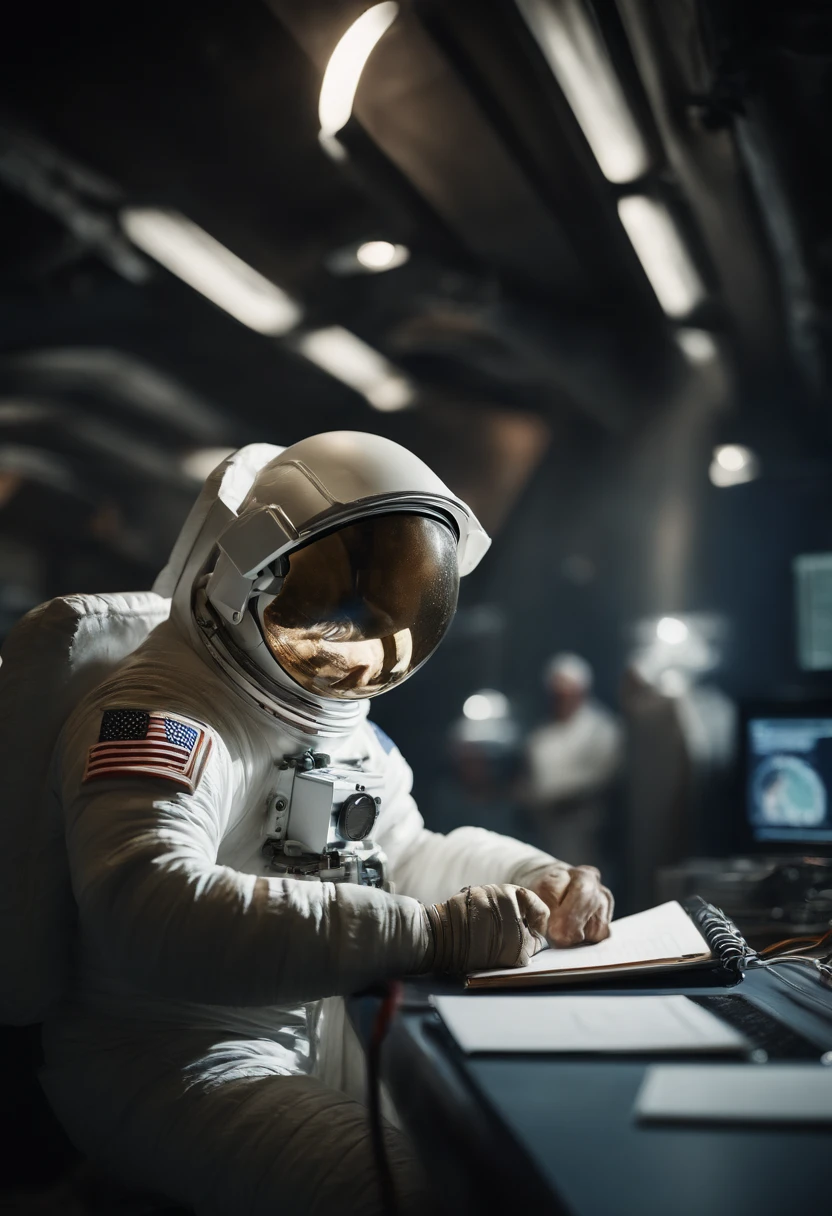 an astronaut using a notebook in space