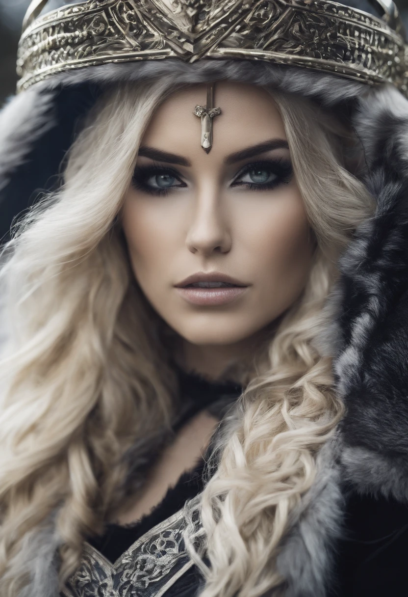 beautiful woman, viking warrior, fur cloak, armor, blonde hair, wavy hair, (closeup, portrait shot), (solo), realistic, depth of field