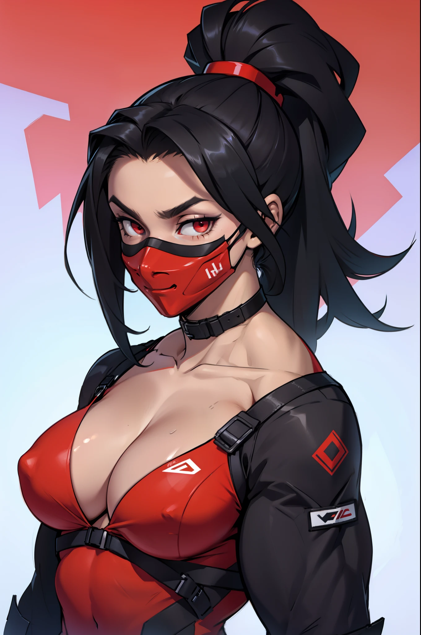 1 girl, ((muscular)), ponytail, toned body, black hair, red eyes, (mask), perky breasts, long hair, close up