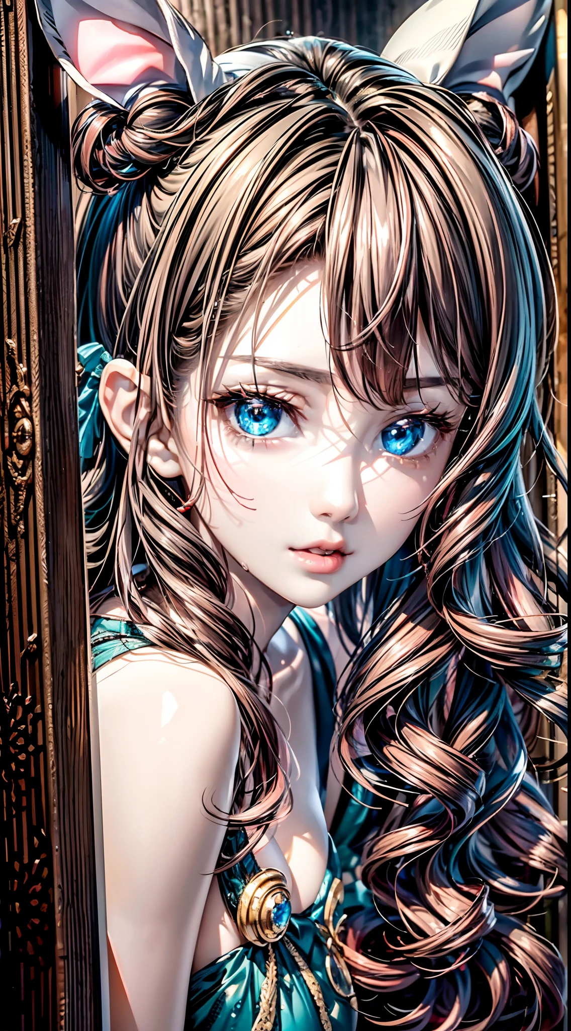 (Best quality,16k wallpaper,high resolution:1.2),Red to silver hair, wavy and long hair, Shiny hair color, Perfectly detailed face, full pouty lips, watery big eyes, Vertical pupils, reflective light, Woman with rabbit ears, Black and white shirt, Lazily lying in a solid wooden box, Soft lighting, full body shot of