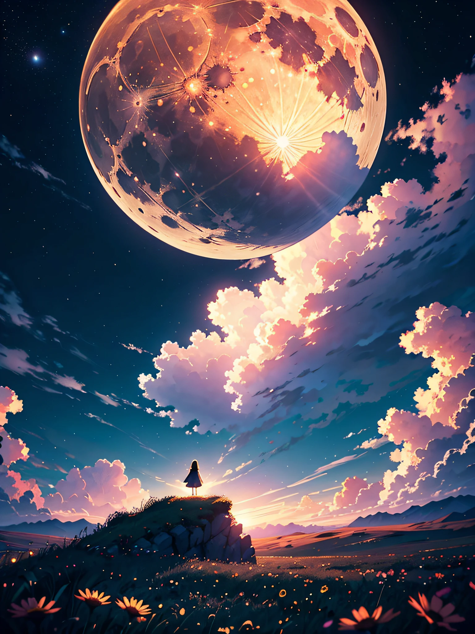 a large field of black flowers with petals being carried by the wind, full moon1, circular clouds, background waterfall and mountains, BREAK, girl looking at the moon, bright and strong colors, (ultra-realistic), {extremely detailed CG unit 8k wallpaper}, Expansive landscape photography, (a view from below that shows the sky above and focus on the landscape, expansive open field view), (low-angle shot), (high light: 1.5), (low light: 1.0 ), (warm light source: 1.5), complex details, (iridescent colors: 1.5), (bright lighting), (atmospheric lighting), dreamy, magical, landscape