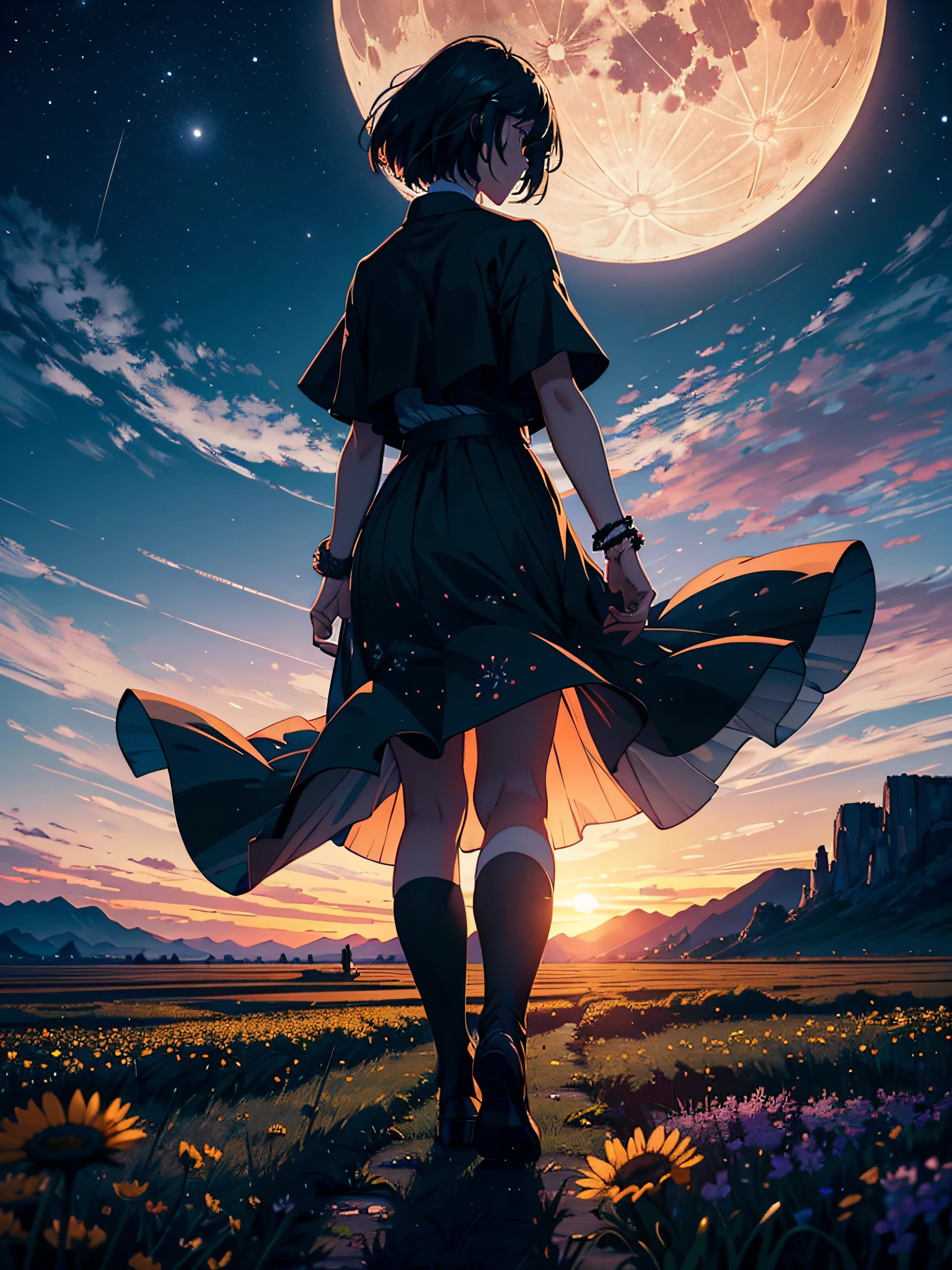 a large field of black flowers with petals being carried by the wind, full moon1, circular clouds, background waterfall and mountains, BREAK, girl looking at the moon, bright and strong colors, (ultra-realistic), {extremely detailed CG unit 8k wallpaper}, Expansive landscape photography, (a view from below that shows the sky above and focus on the landscape, expansive open field view), (low-angle shot), (high light: 1.5), (low light: 1.0 ), (warm light source: 1.5), complex details, (iridescent colors: 1.5), (bright lighting), (atmospheric lighting), dreamy, magical, landscape