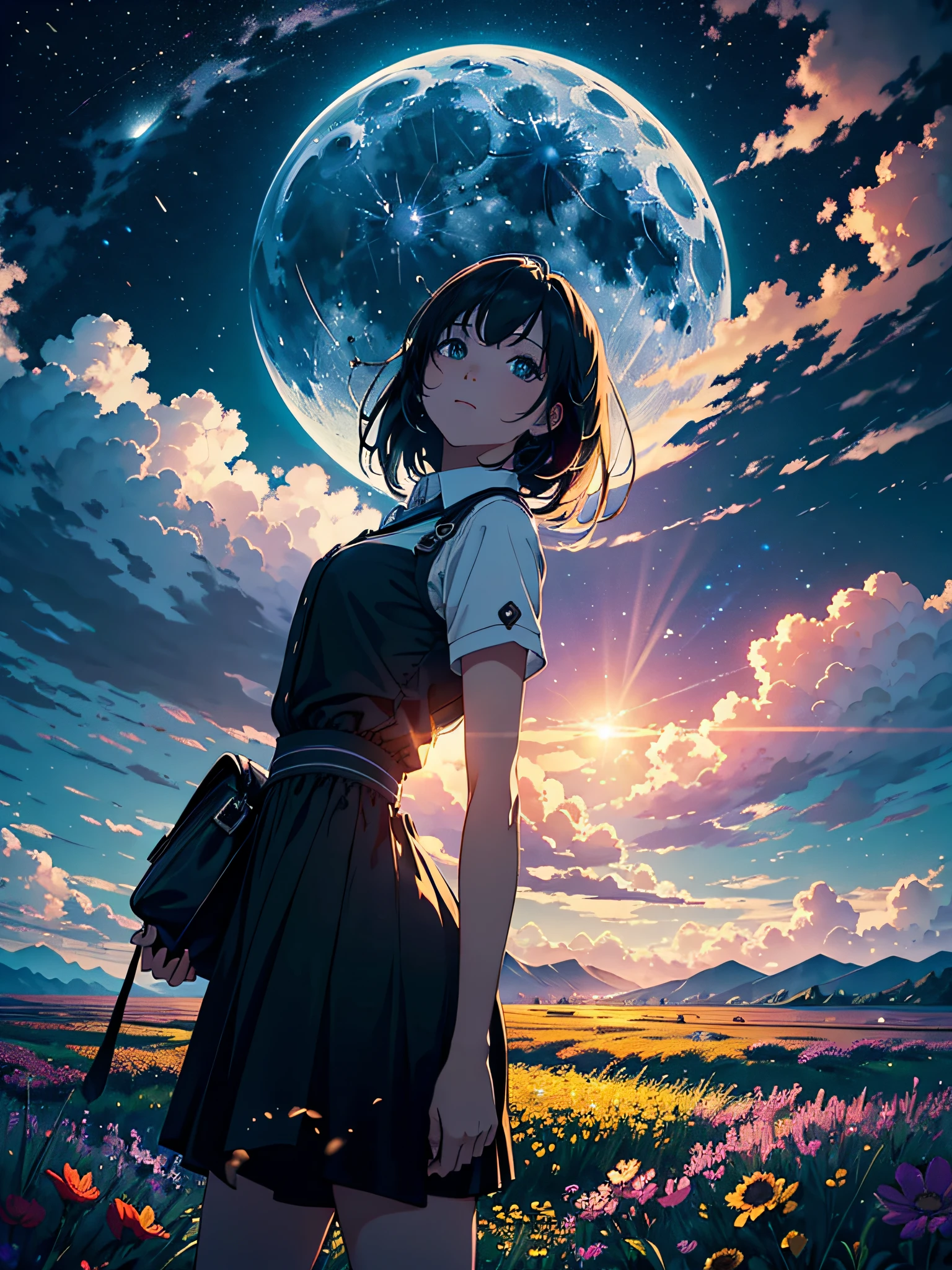 a large field of black flowers with petals being carried by the wind, full moon1, circular clouds, background waterfall and mountains, BREAK, girl looking at the moon, bright and strong colors, (ultra-realistic), {extremely detailed CG unit 8k wallpaper}, Expansive landscape photography, (a view from below that shows the sky above and focus on the landscape, expansive open field view), (low-angle shot), (high light: 1.5), (low light: 1.0 ), (warm light source: 1.5), complex details, (iridescent colors: 1.5), (bright lighting), (atmospheric lighting), dreamy, magical, landscape