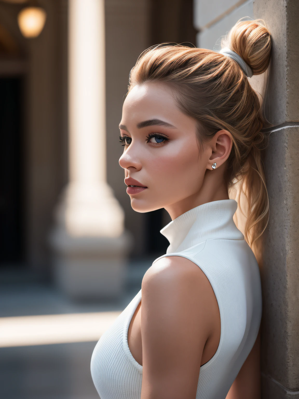 beautiful Slovakian supermodel, Regina Vega, blonde, standing portrait, ponytail, wearing tight short white dress, photorealistic, photo, masterpiece, realistic, realism, photorealism, high contrast, photorealistic digital art trending on Artstation 8k HD high definition detailed realistic, detailed, skin texture, hyper detailed, realistic skin texture, best quality, ultra high res, (photorealistic:1.4), high resolution, detailed, raw photo, nikon d850 film stock photograph 4 kodak portra 400 camera f1.6 lens rich colors hyper realistic lifelike texture dramatic lighting unrealengine trending on artstation cinestill 800, ((((Regina Vega)))),