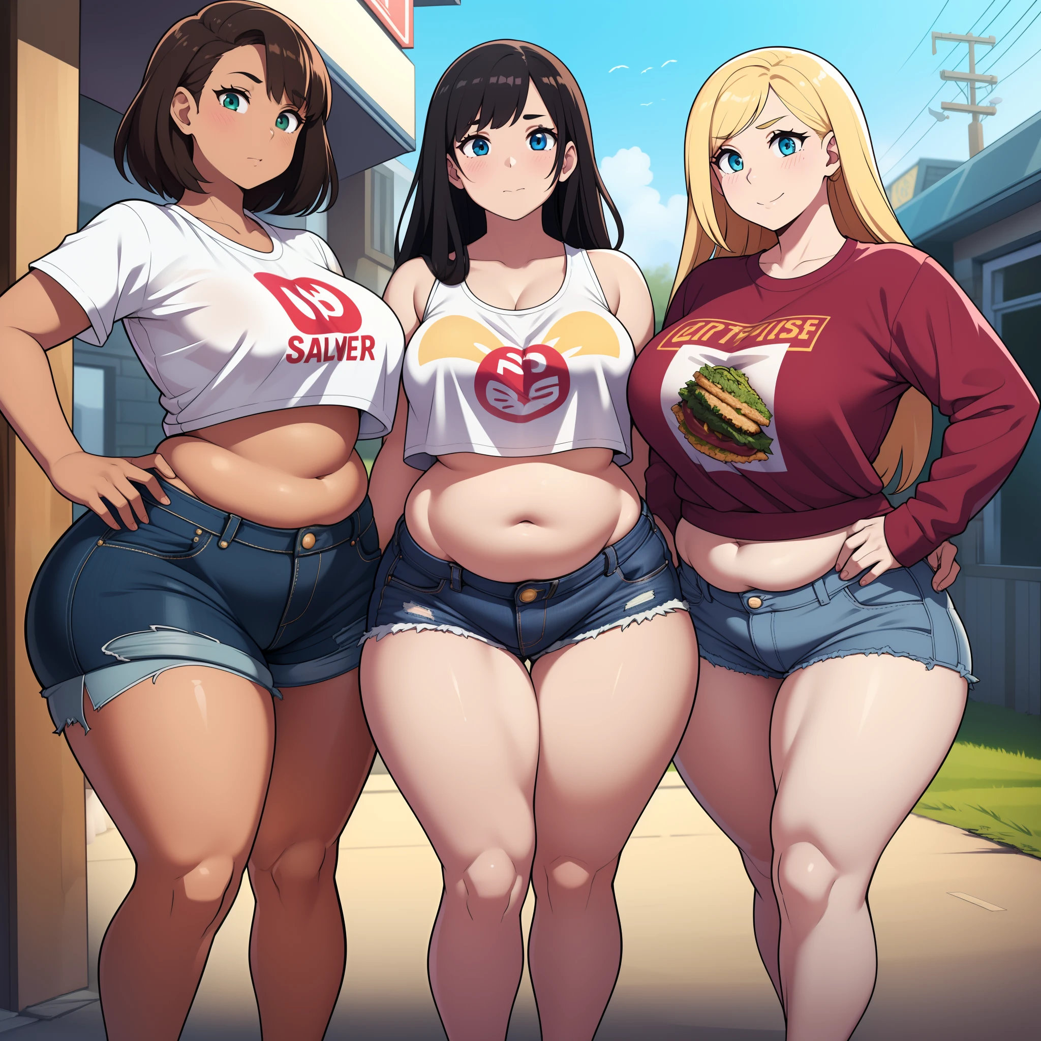 ((highres)), Masterpiece, high quality, best quality, beautiful, perfect lighting, detailed face, ultra cute face, (((3girls))), one girl has blonde hair, blue eyes, crop top and shorts skindentation, one girl has brown hair, green eyes, jeans, white shirt, tight clothes, one girl has, Short black hair, brown eyes, crop top and shorts full body, fast food restaurant, medium breasts, ((wide hips)), ((thick thighs)), ((plump)), chubby belly, fat folds, belly hang, standing, touching each other, belly grab,