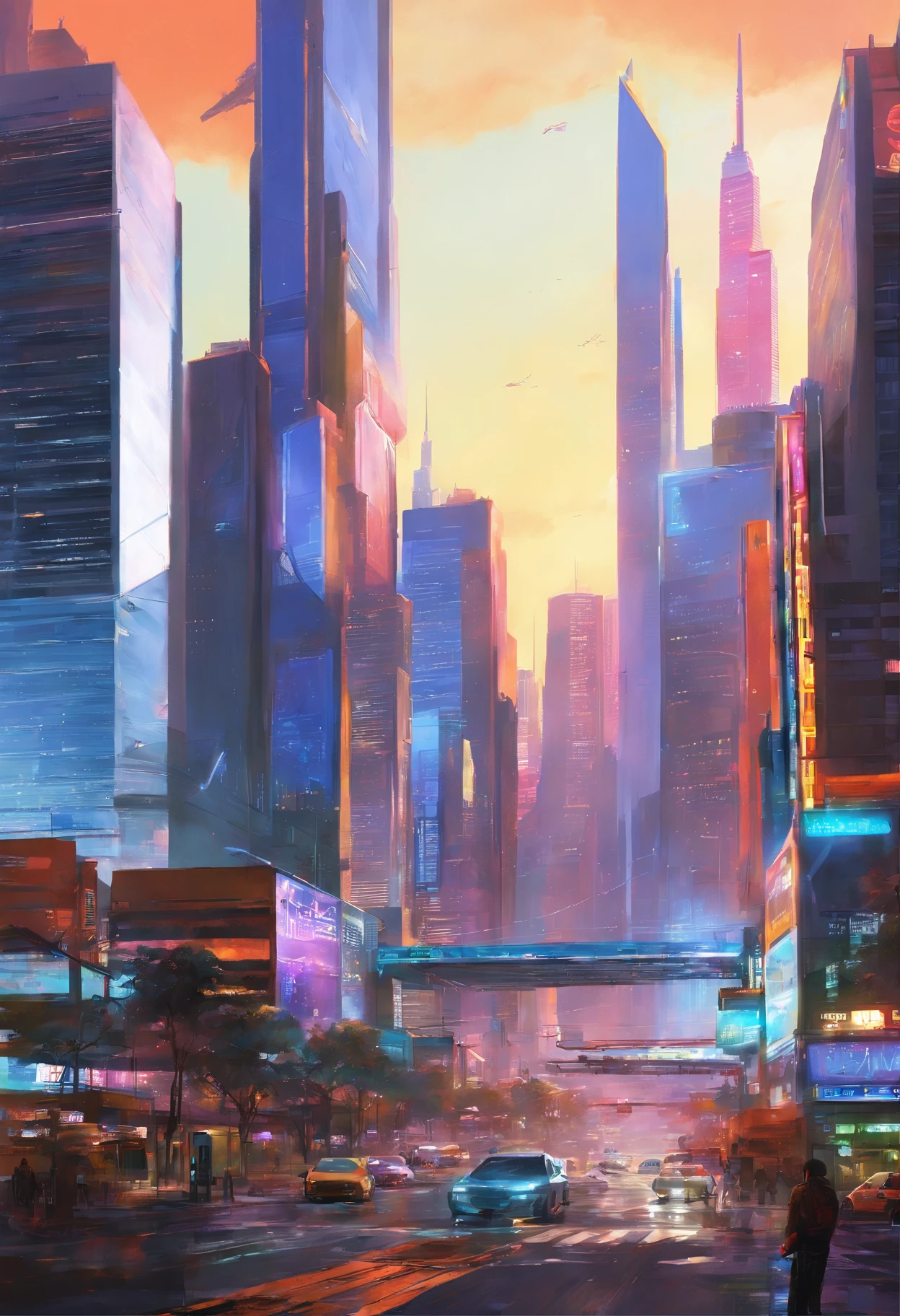 A sprawling futuristic cityscape, ((photorealistic)), ((photograph)), bustling with life and energy, set against a backdrop of gleaming skyscrapers that reach towards the heavens, futuristic transportation systems, such as hovering vehicles or high-speed trains, city is a harmonious blend of cutting-edge technology and organic elements, seamlessly integrating nature within its architecture, ((sleek and polished aesthetic)) inspired by the works of futuristic concept artists like (Syd Mead), ((extremely detailed)), (masterpiece),vibrant color palette that reflects the city's vibrancy, combining neon accents with bold primary colors and hints of natural tones, dynamic streets, wide-angle perspectives and dynamic angles, towering structures.
