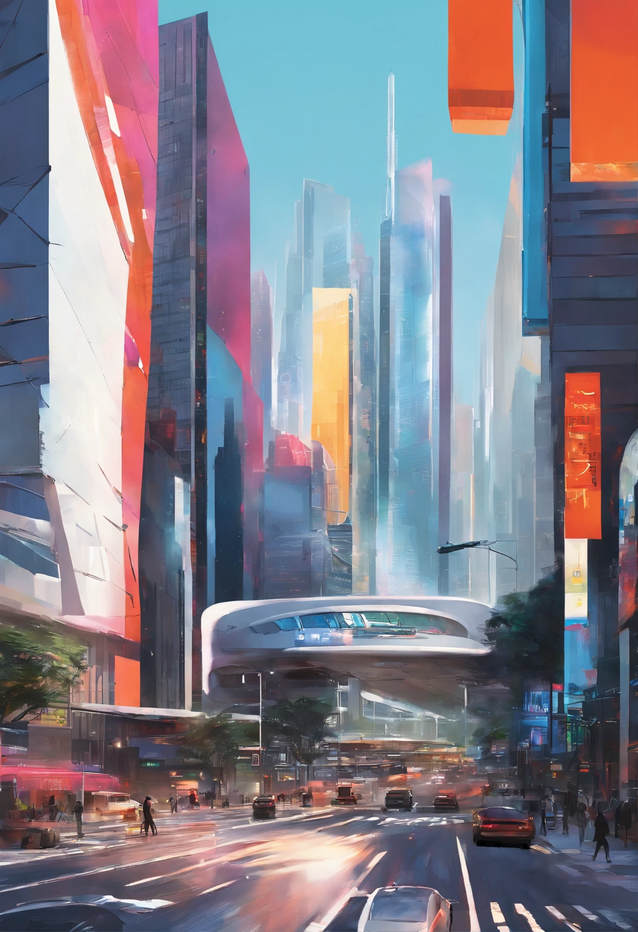 A sprawling futuristic cityscape, ((photorealistic)), ((photograph)), bustling with life and energy, set against a backdrop of gleaming skyscrapers that reach towards the heavens, futuristic transportation systems, such as hovering vehicles or high-speed trains, city is a harmonious blend of cutting-edge technology and organic elements, seamlessly integrating nature within its architecture, ((sleek and polished aesthetic)) inspired by the works of futuristic concept artists like (Syd Mead), ((extremely detailed)), (masterpiece),vibrant color palette that reflects the city's vibrancy, combining neon accents with bold primary colors and hints of natural tones, dynamic streets, wide-angle perspectives and dynamic angles, towering structures.