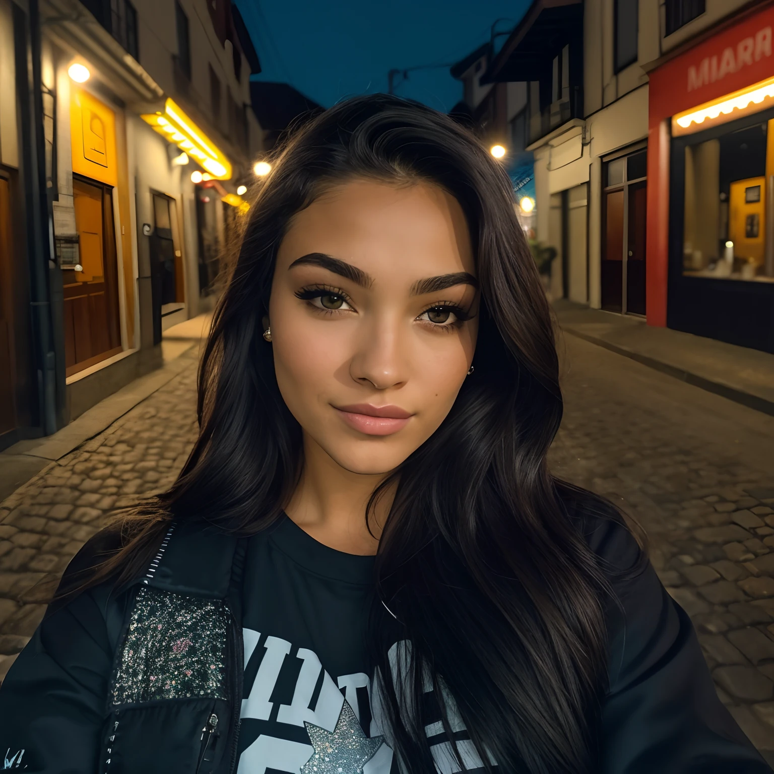 mulher arrogante com longos cabelos escuros e uma camisa preta em uma rua, Retrato Sophie Mudd, rosto perfeitamente iluminado, lindo rosto latino, selfie de uma jovem mulher, rosto perfeito ), lindo rosto atraente, Poarch bonito, cara muito bonita, rosto extremamente bonito, retrato apertado do rosto fotografado, foto de uma mulher bonita, Madison Beer Girl Retrato, she's facing the camera